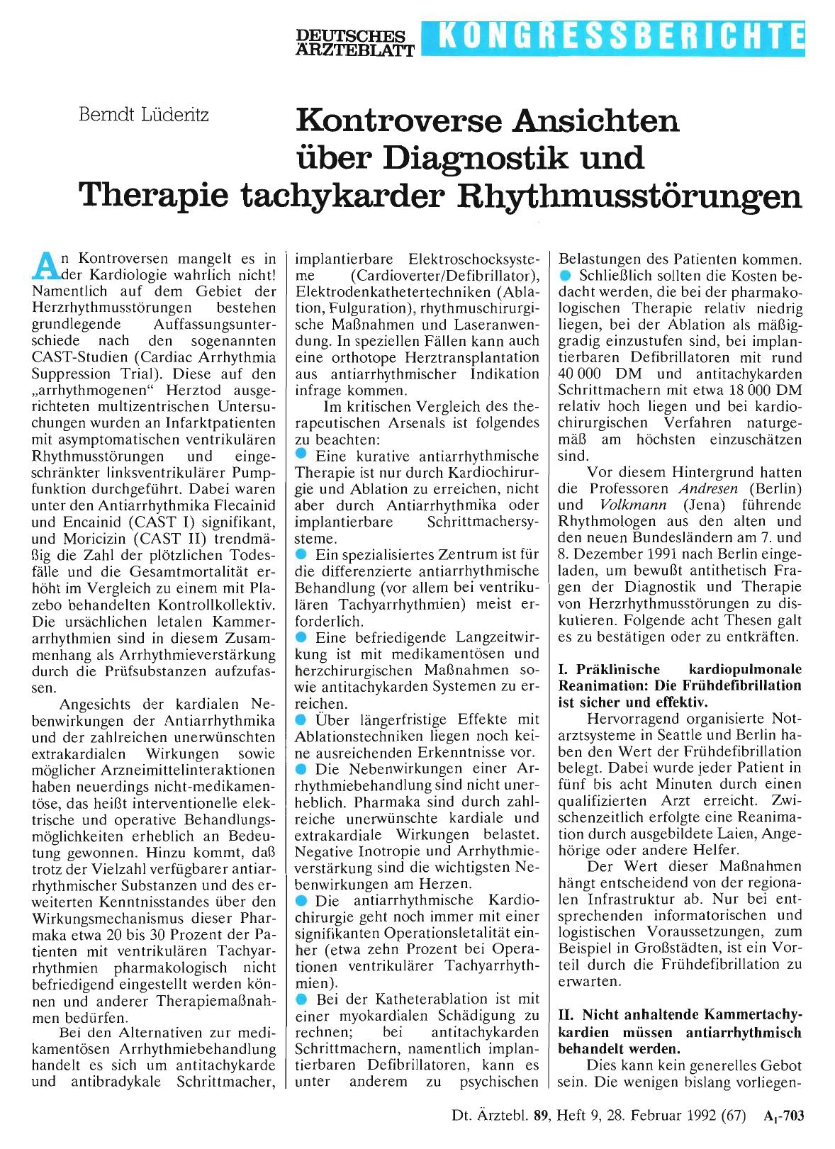 Vorschauseite 1: Kontroverse Ansichten über Diagnostik und Therapie tachykarder Rhythmusstörungen