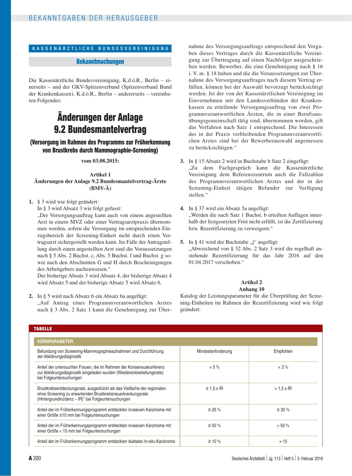 Vorschauseite 1: Änderungen der Anlage 9. 2 Bundesmantelvertrag (Versorgung im Rahmen des Programms zur Früherkennung von Brustkrebs durch Mammographie-Screening)