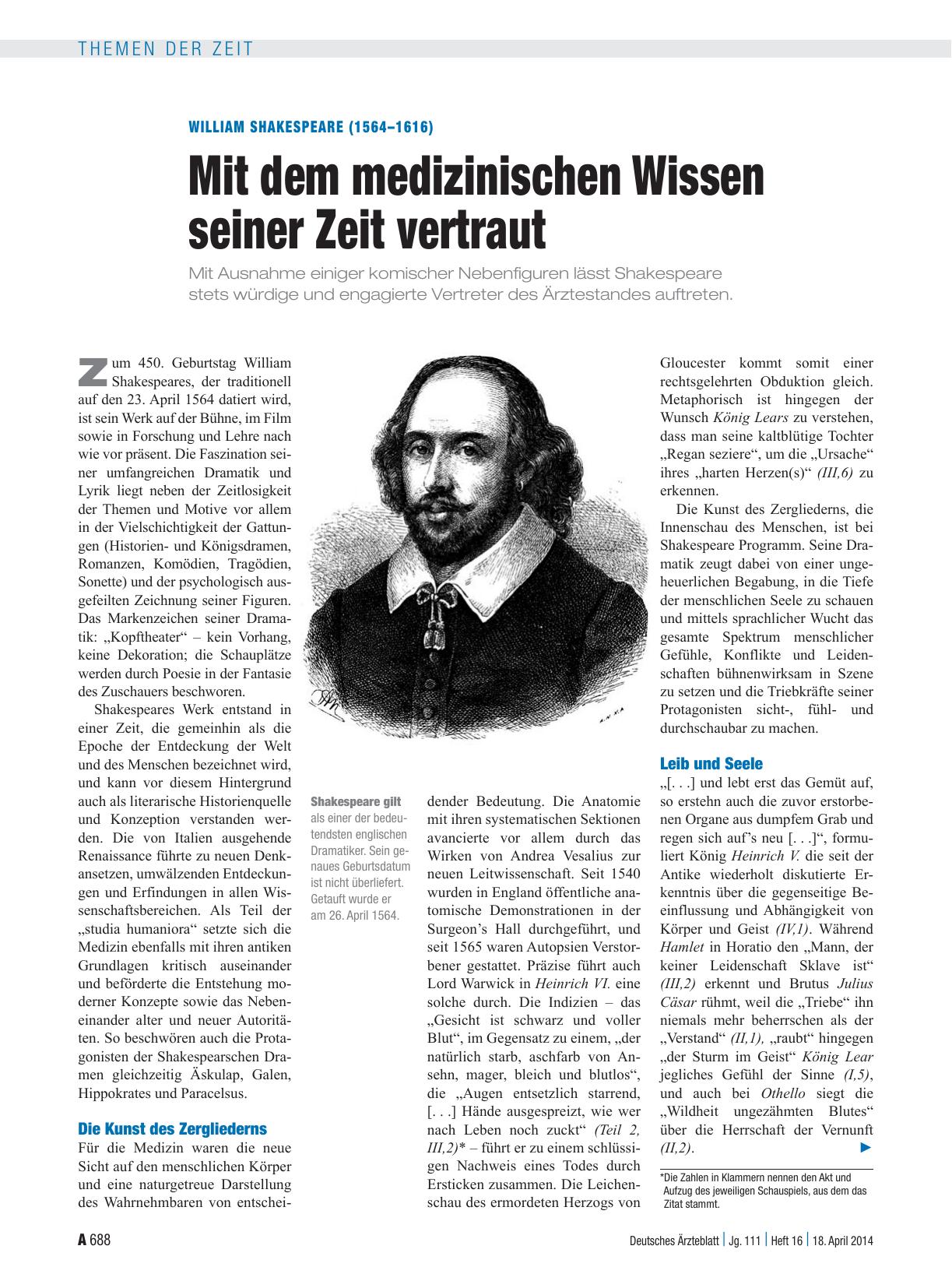 Vorschauseite 1: William Shakespeare (1564–1616): Mit dem medizinischen Wissen seiner Zeit vertraut