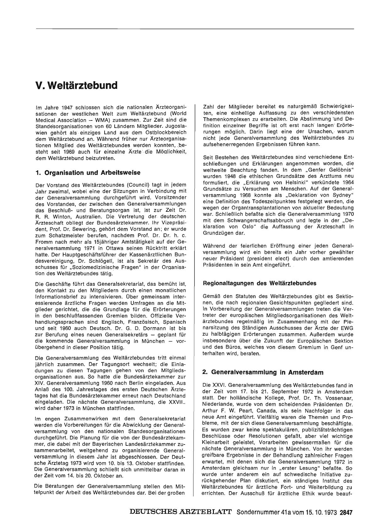 Vorschauseite 1: Bericht über das Jahr 1972/73: K. Auslandsbeziehungen: V. Weltärztebund
