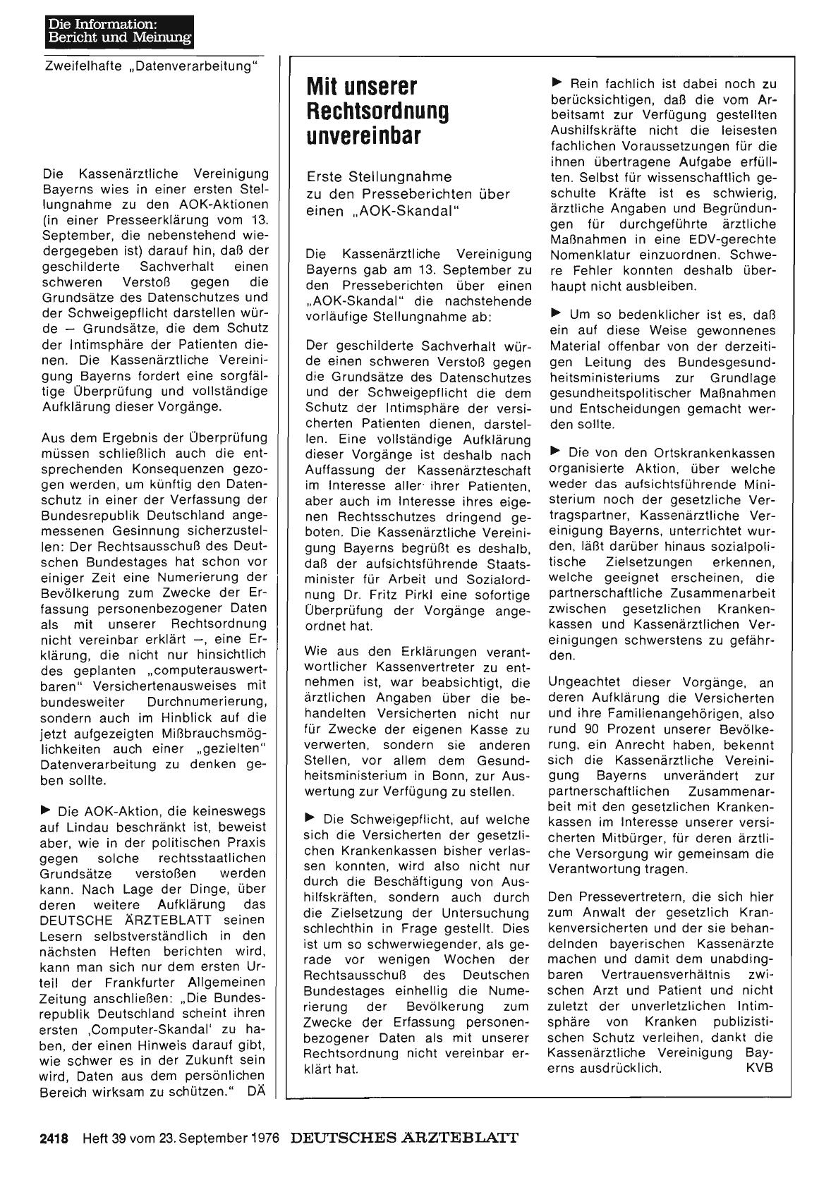 Vorschauseite 1: Mit unserer Rechtsordnung unvereinbar: Erste Stellungnahme zu den Presseberichten über einen „AOK-Skandal