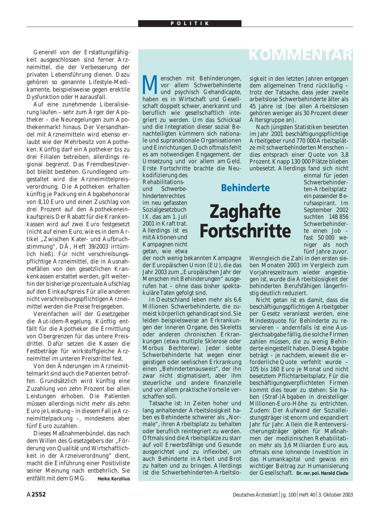 Vorschauseite 1: Behinderte: Zaghafte Fortschritte