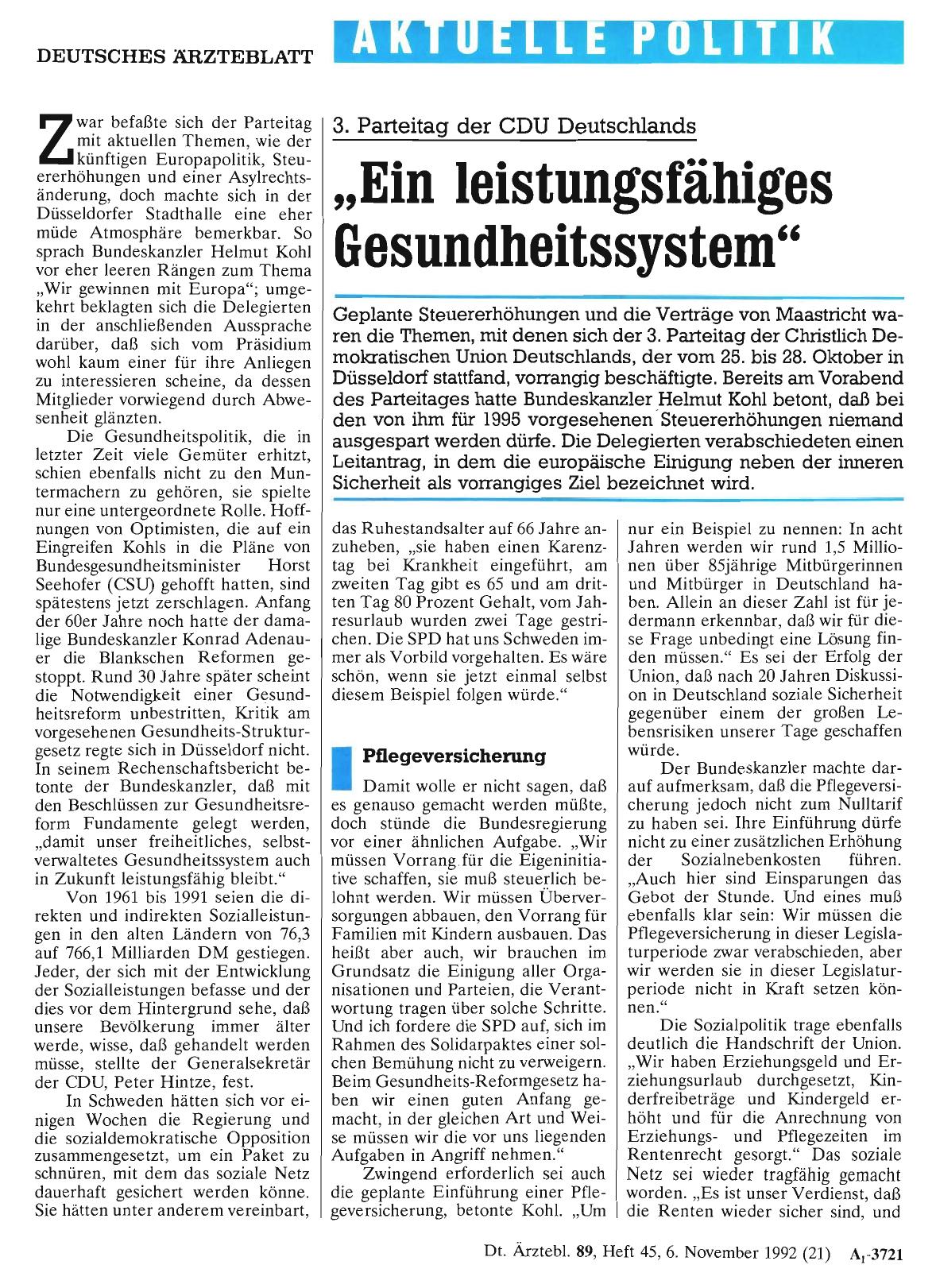 Vorschauseite 1: 3. Parteitag der CDU Deutschlands: „Ein leistungsfähiges Gesundheitssystem“