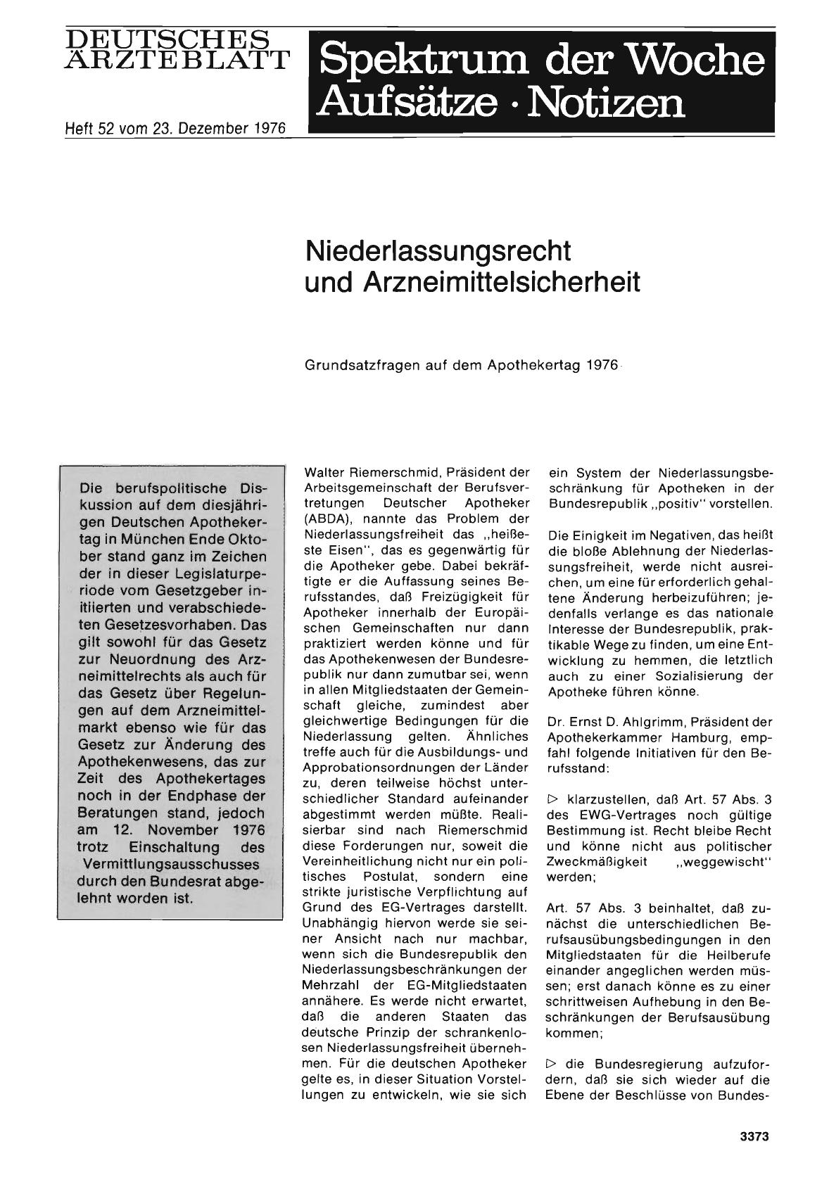 Vorschauseite 1: Niederlassungsrecht und Arzneimittelsicherheit: Grundsatzfragen auf dem Apothekertag 1976