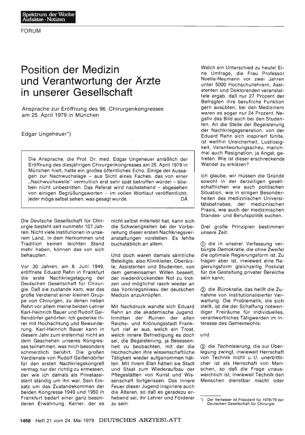 Vorschauseite 1: Position der Medizin und Verantwortung der Ärzte in unserer Gesellschaft —Ansprache zur Eröffnung des 96. Chirurgenkongresses am 25. April 1979 in München