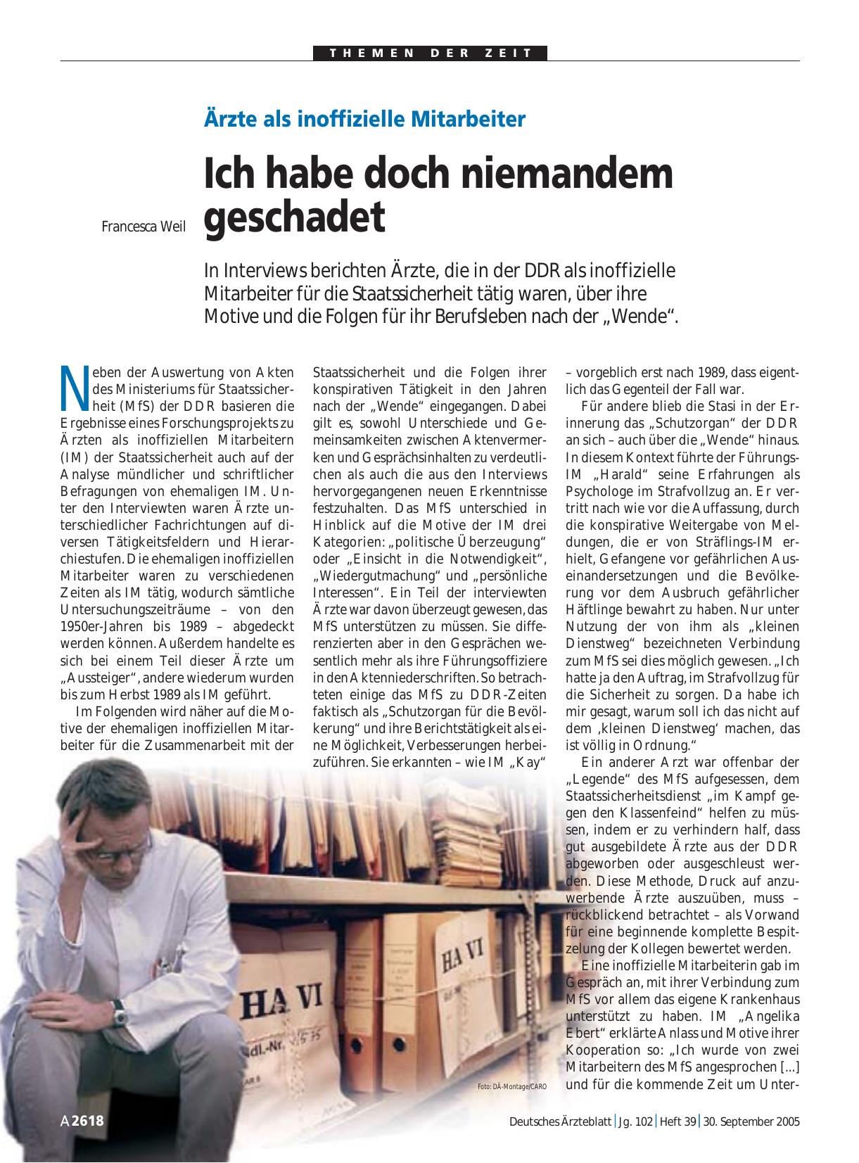 Vorschauseite 1: Ärzte als inoffizielle Mitarbeiter: Ich habe doch niemandem geschadet