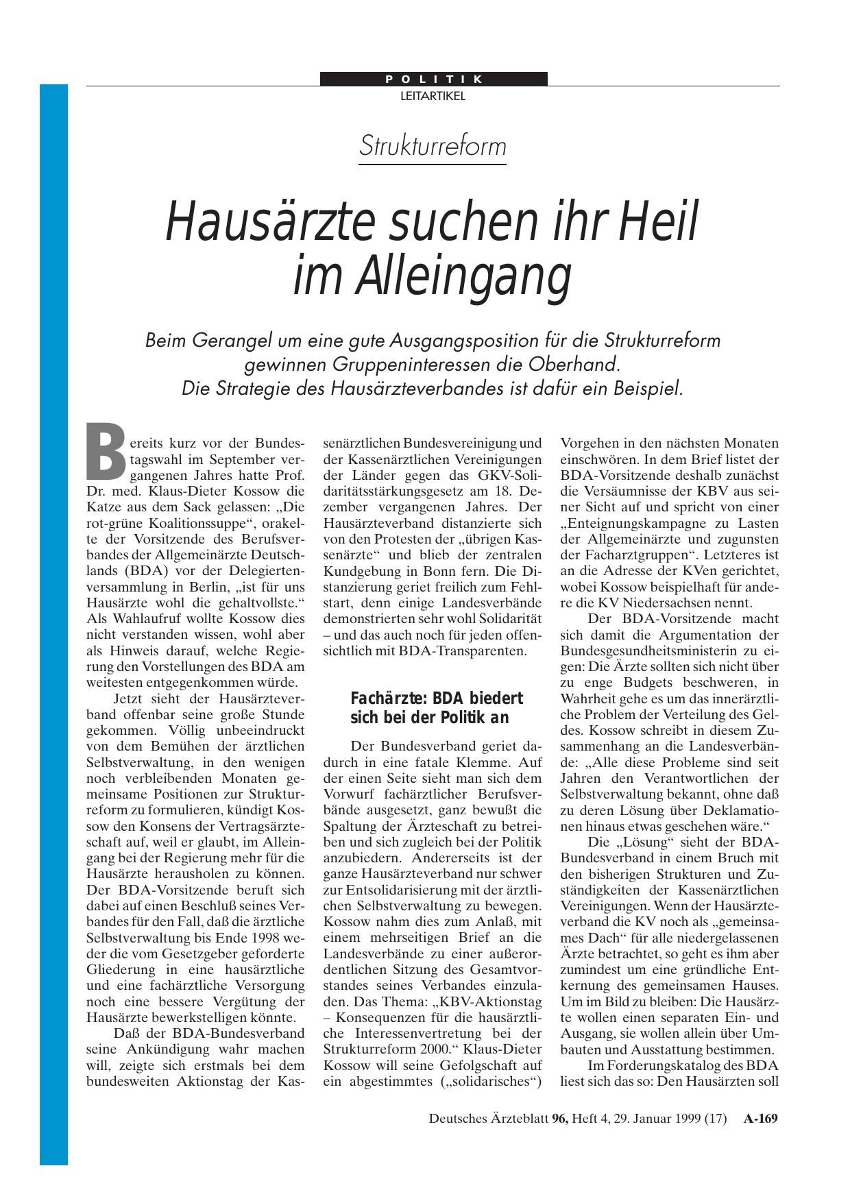 Vorschauseite 1: Strukturreform: Hausärzte suchen ihr Heil im Alleingang