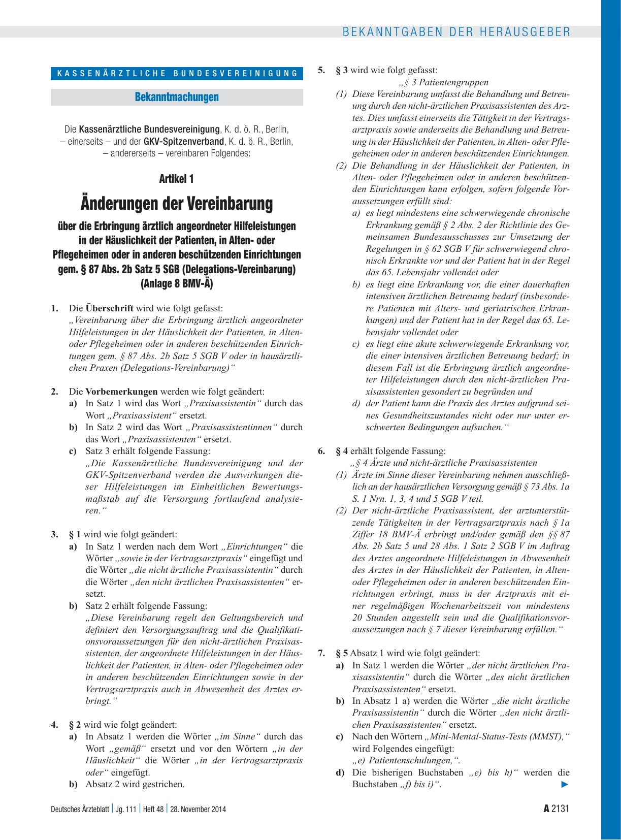 Vorschauseite 1: Artikel 1 Änderungen der Vereinbarung über die Erbringung ärztlich angeordneter Hilfeleistungen in der Häuslichkeit der Patienten, in Altenoder Pflegeheimen oder in anderen beschü…