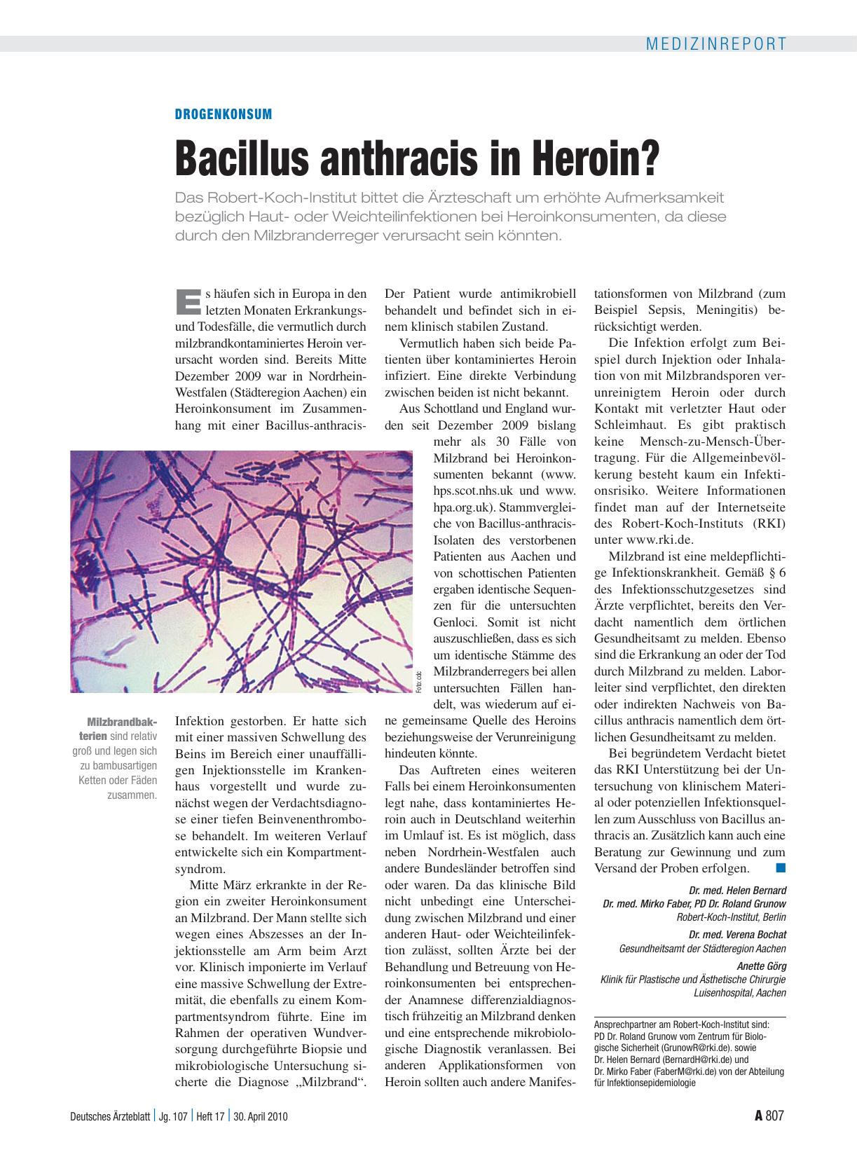 Vorschauseite 1: Drogenkonsum: Bacillus anthracis in Heroin?