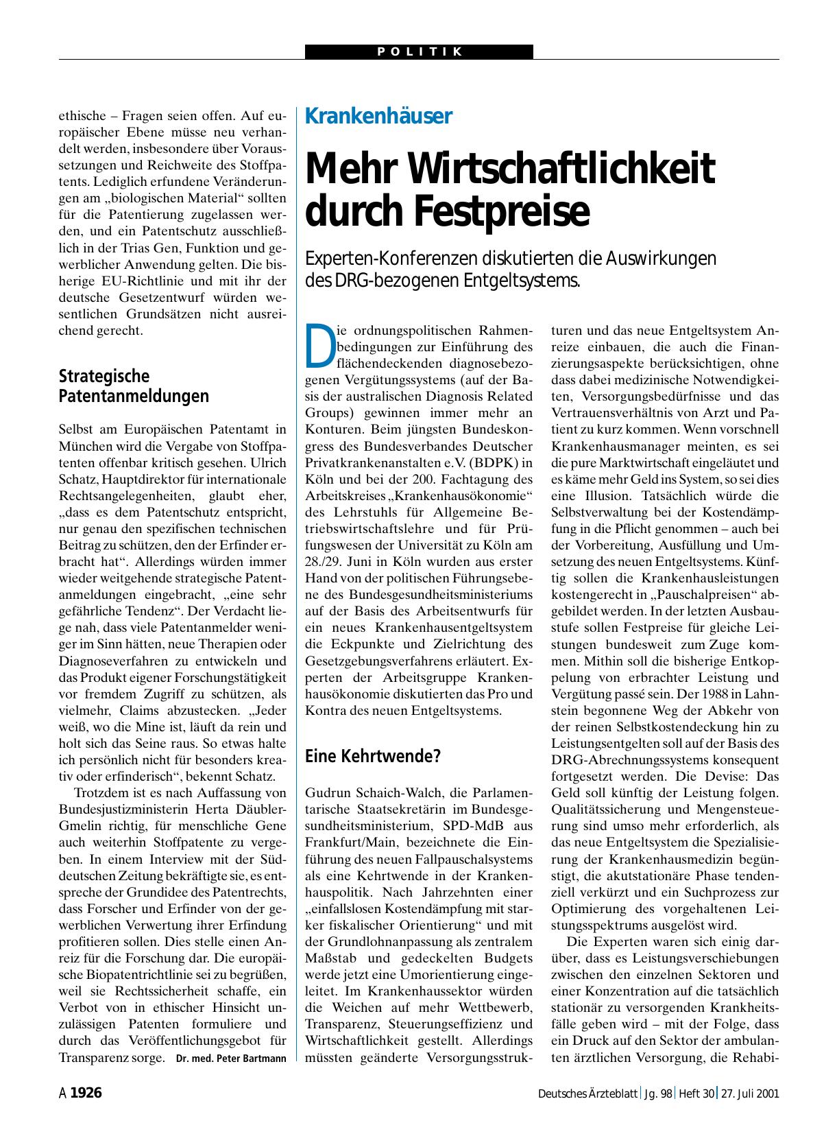 Vorschauseite 1: Krankenhäuser: Mehr Wirtschaftlichkeit durch Festpreise