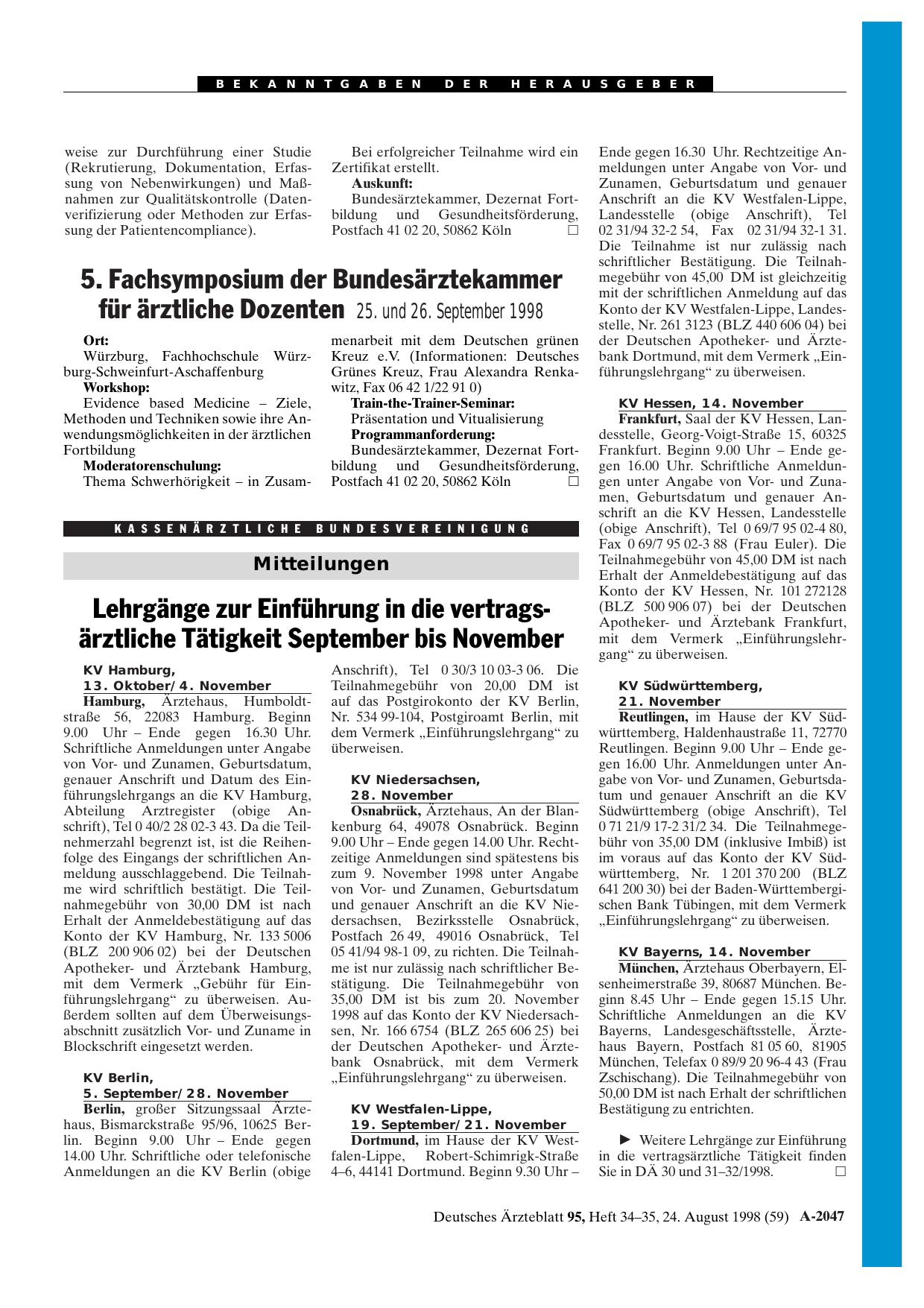 Vorschauseite 1: 5. Fachsymposium der Bundesärztekammer für ärztliche Dozenten 25. und 26. September 1998