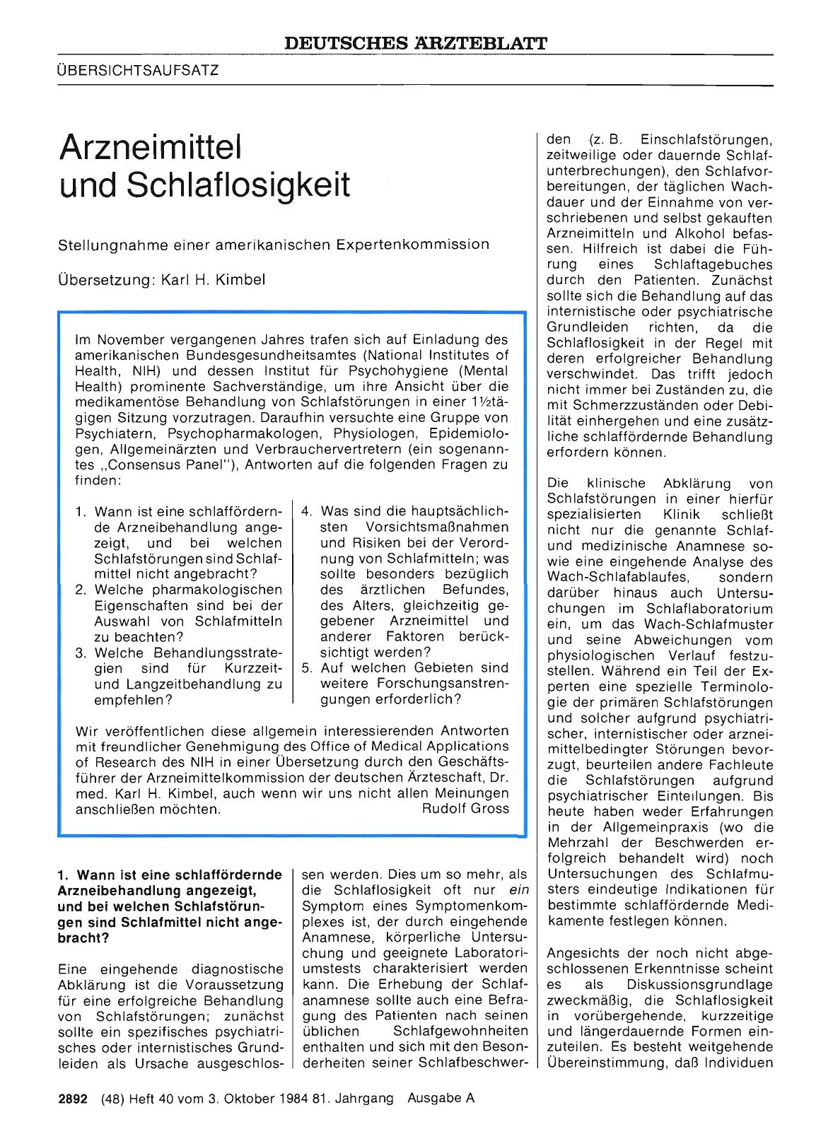Vorschauseite 1: Arzneimittel und Schlaflosigkeit: Stellungnahme einer amerikanischen Expertenkommission