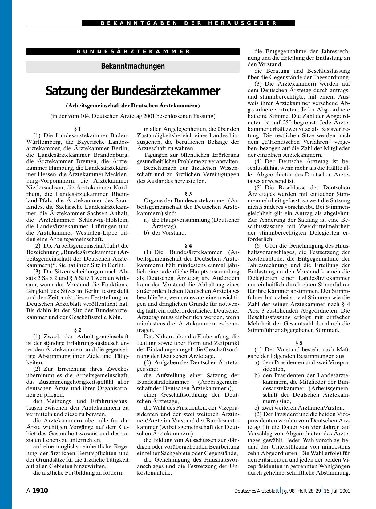 Vorschauseite 1: Bekanntmachungen: Satzung der Bundesärztekammer