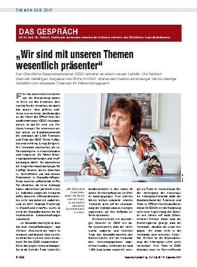 Vorschauseite 1: Das Gespräch mit Dr. med. Ute Teichert, Vorsitzende des Bundesverbandes der Ärztinnen und Ärzte des Öffentlichen Gesundheitsdienstes: „Wir sind mit unseren Themen wesentlich präse…
