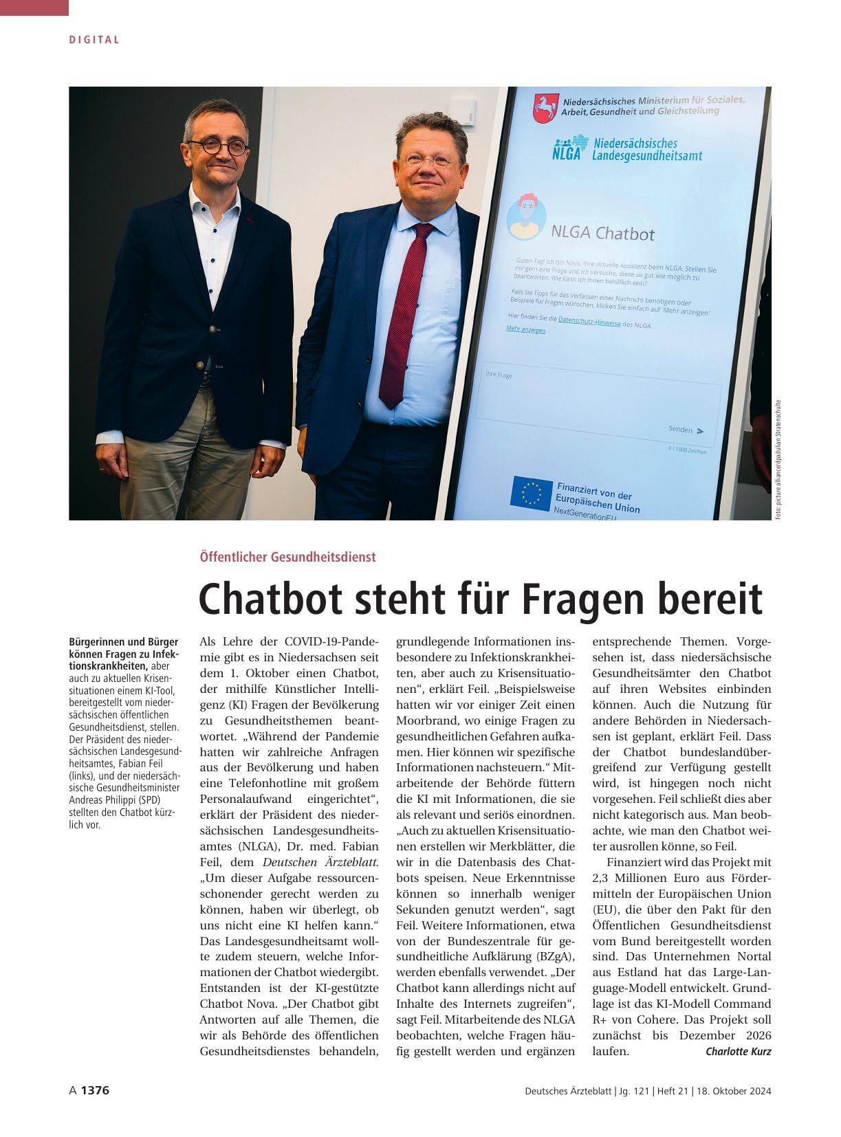 Vorschauseite 1: Öffentlicher Gesundheitsdienst: Chatbot steht für Fragen bereit