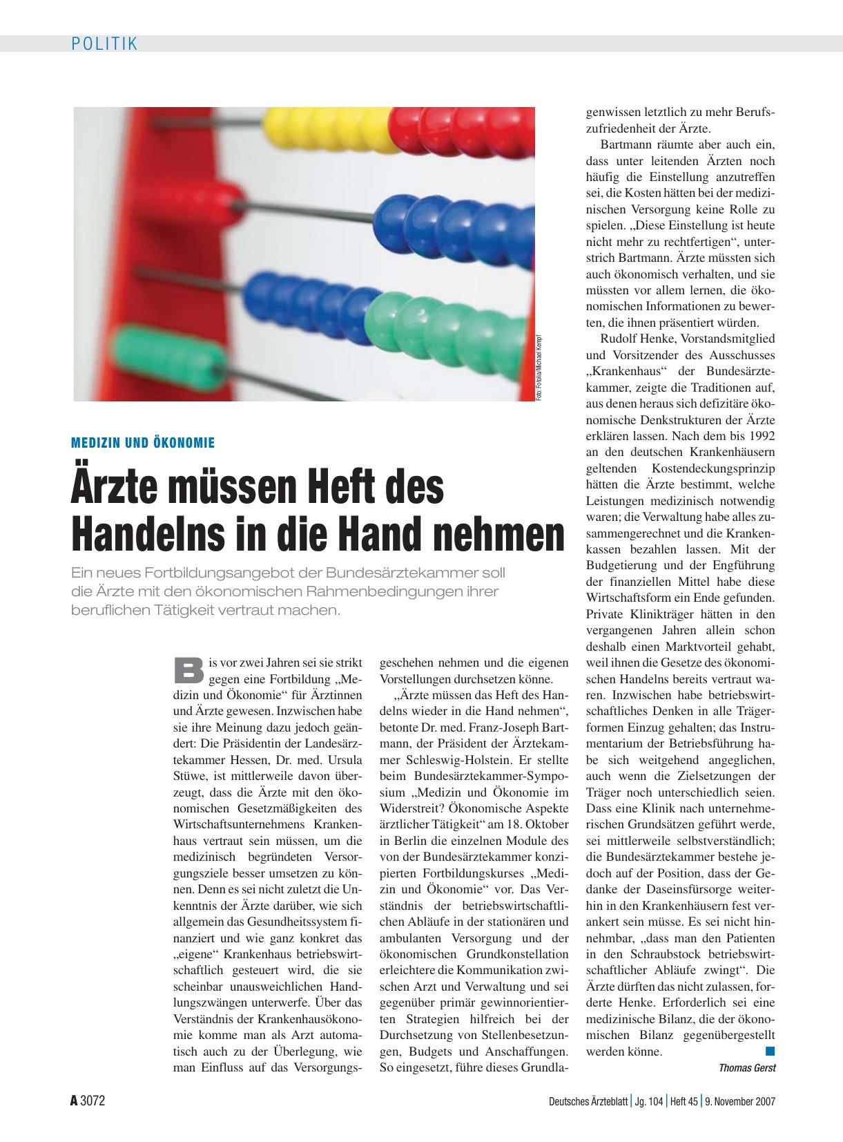 Vorschauseite 1: Medizin und Ökonomie: Ärzte müssen Heft des Handelns in die Hand nehmen