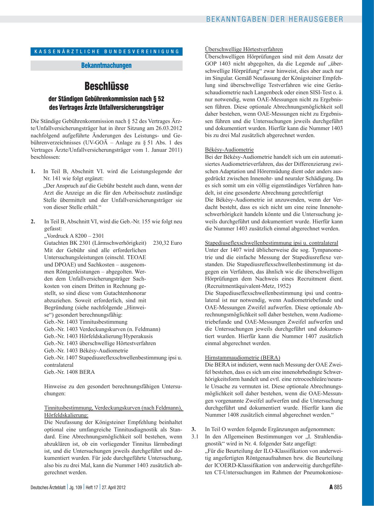 Vorschauseite 1: Beschlüsse der Ständigen Gebührenkommission nach § 52 des Vertrages Ärzte Unfallversicherungsträger