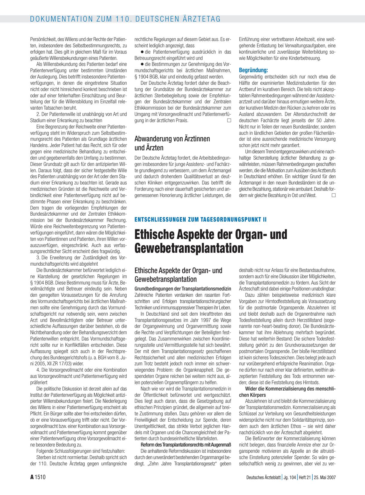 Vorschauseite 1: Entschliessungen zum Tagesordnungspunkt II: Ethische Aspekte der Organund Gewebetransplantation