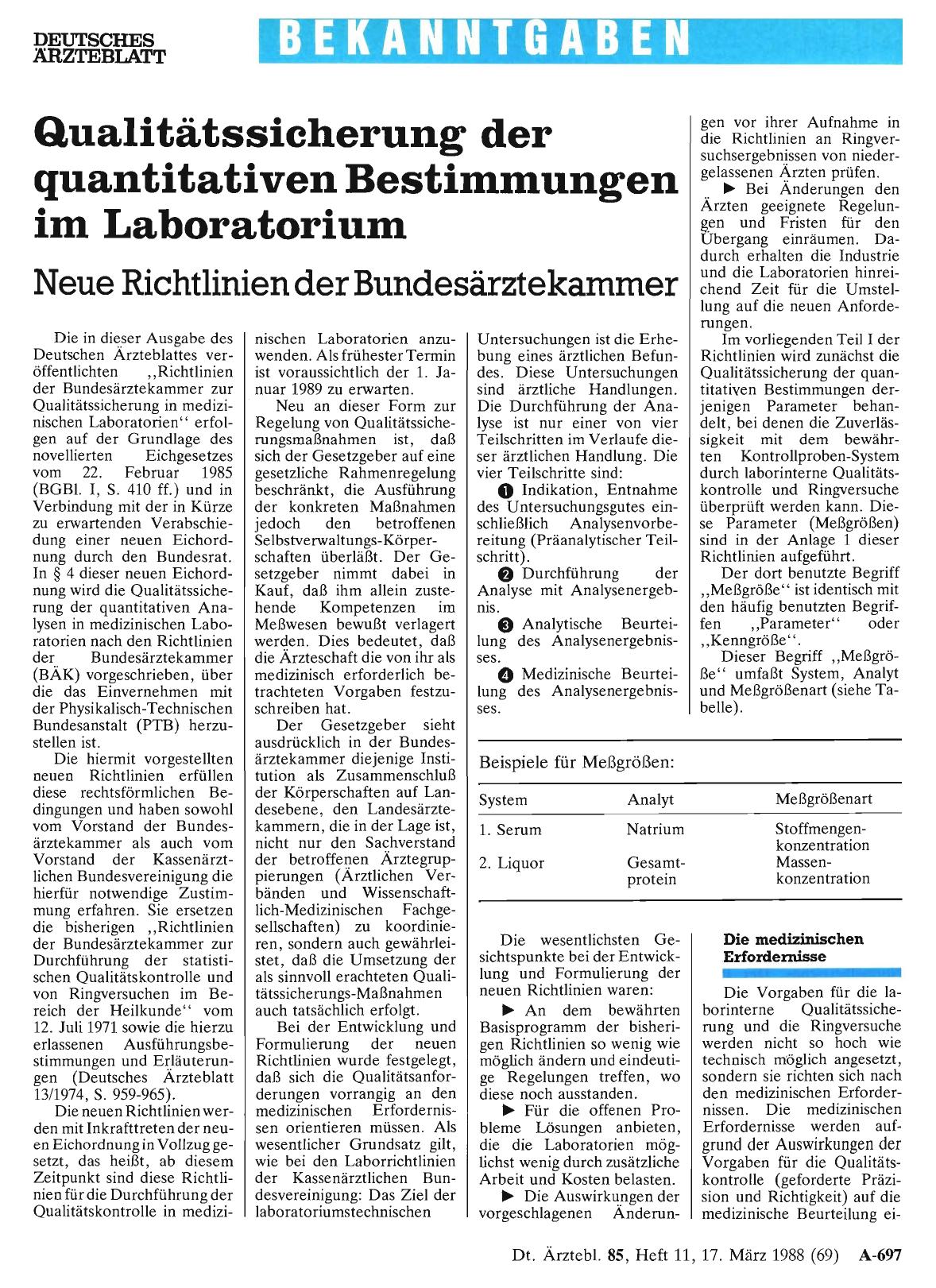 Vorschauseite 1: Qualitätssicherung der quantitativen Bestimmungen im Laboratorium: Neue Richtlinien der Bundesärztekammer