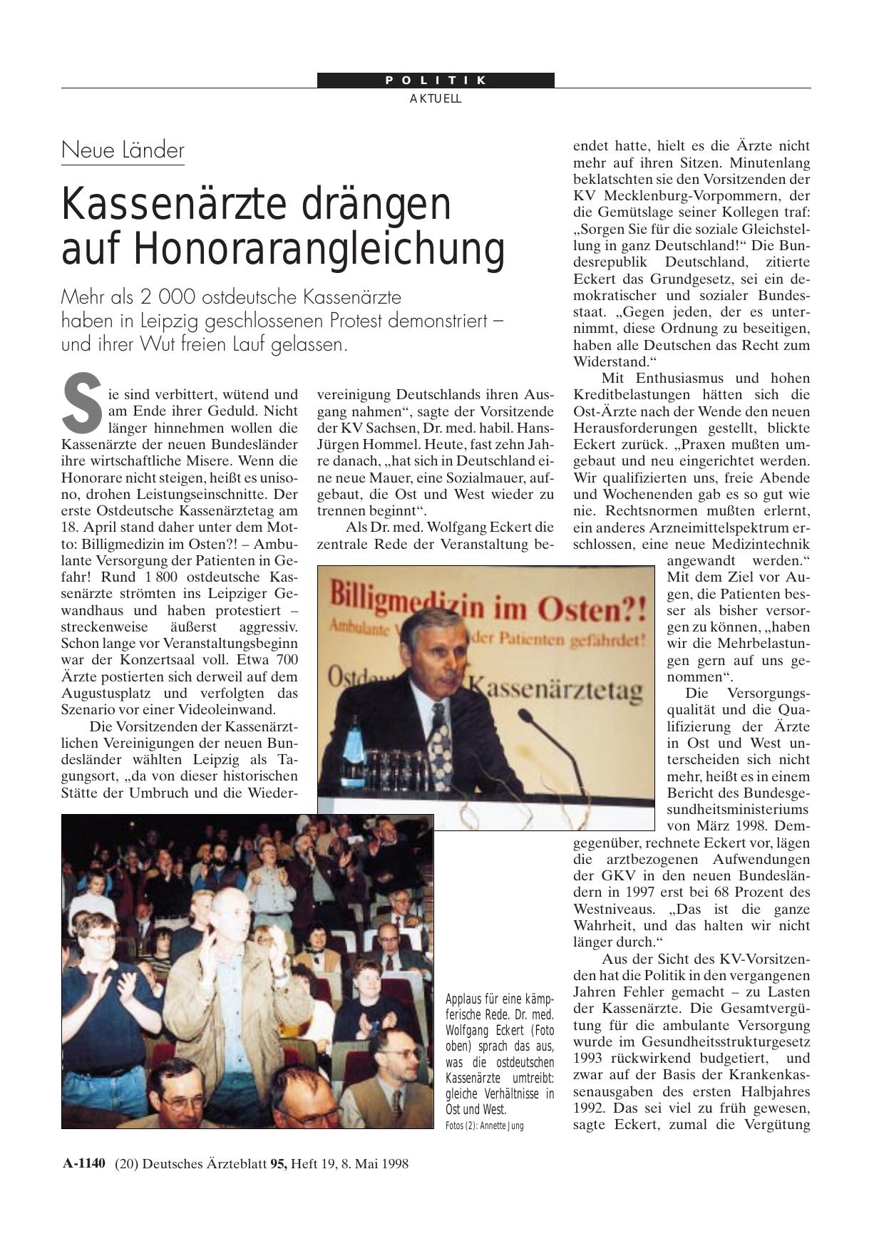 Vorschauseite 1: Neue Länder: Kassenärzte drängen auf Honorarangleichung