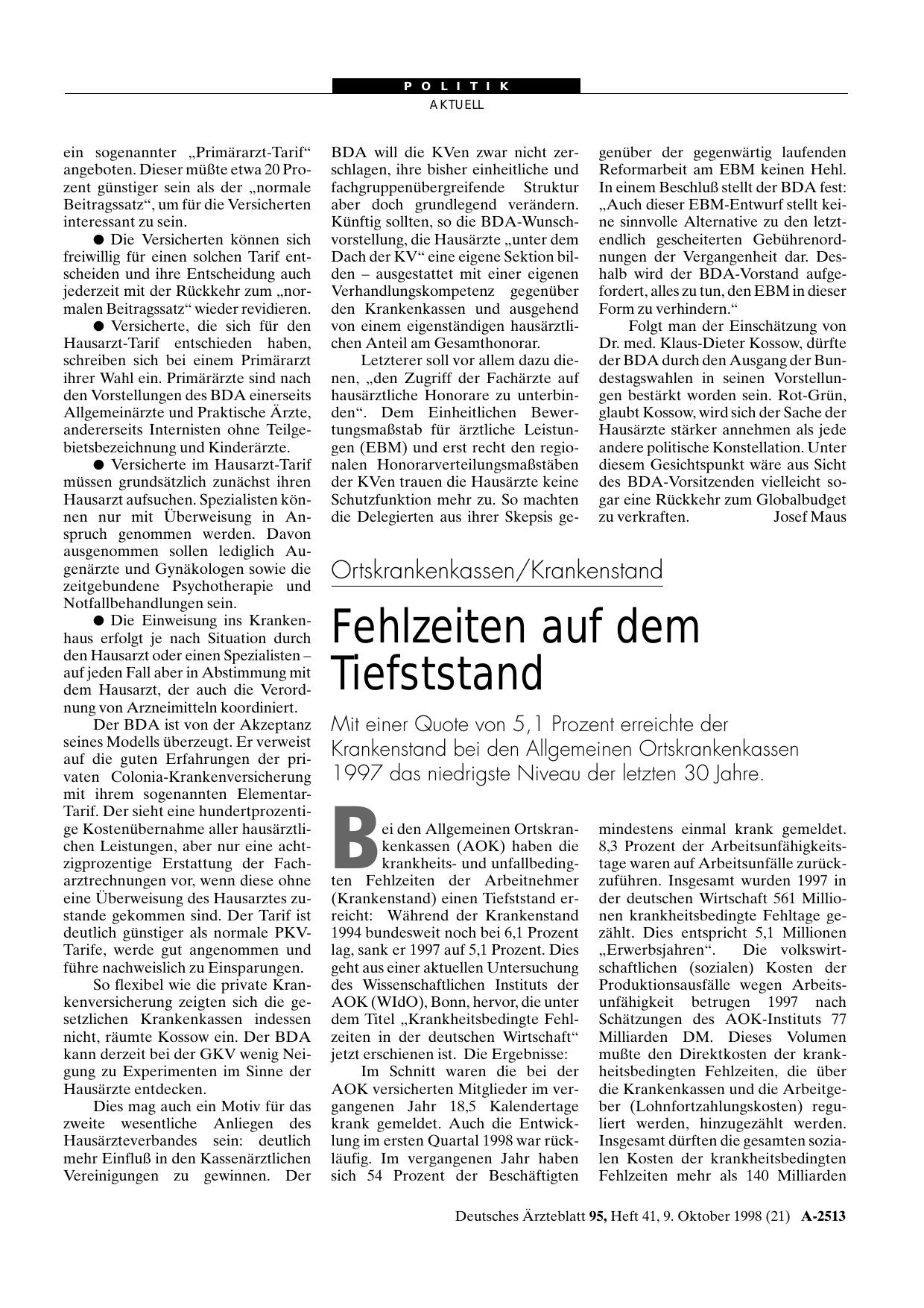Vorschauseite 1: Ortskrankenkassen/Krankenstand: Fehlzeiten auf dem Tiefststand