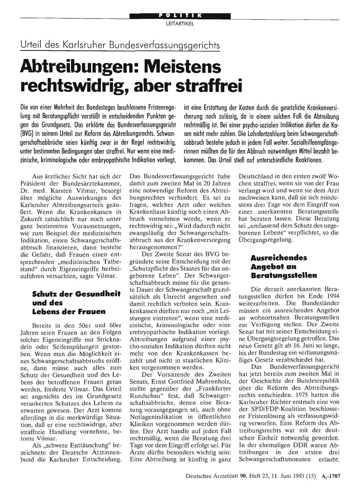 Vorschauseite 1: Urfeil des Karlsruher Bundesverfassungsgerichts: Abtreibungen: Meistens rechtswidrig, aber straffrei