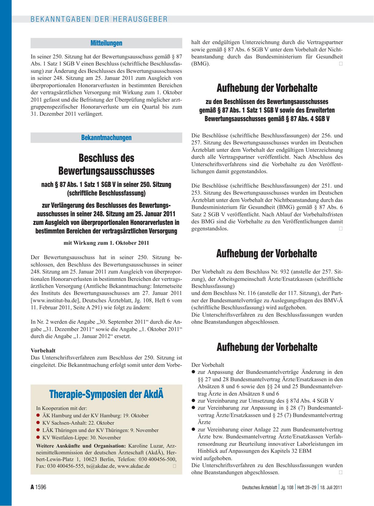 Vorschauseite 1: Aufhebung der Vorbehalte zu den Beschlüssen des Bewertungsausschusses gemäß § 87 Abs. 1 Satz 1 SGB V sowie des Erweiterten Bewertungsausschusses gemäß § 87 Abs. 4 SGB V