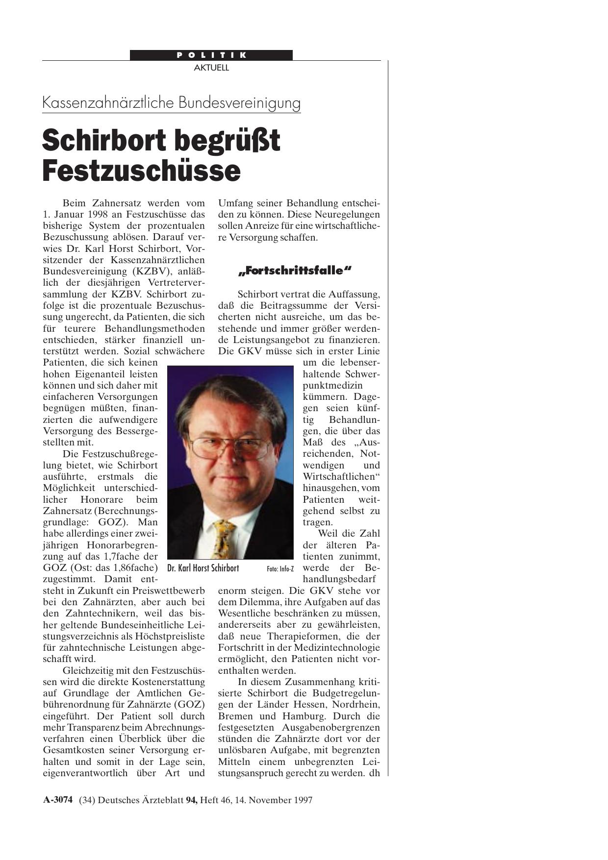 Vorschauseite 1: Kassenzahnärztliche Bundesvereinigung: Schirbort begrüßt Festzuschüsse