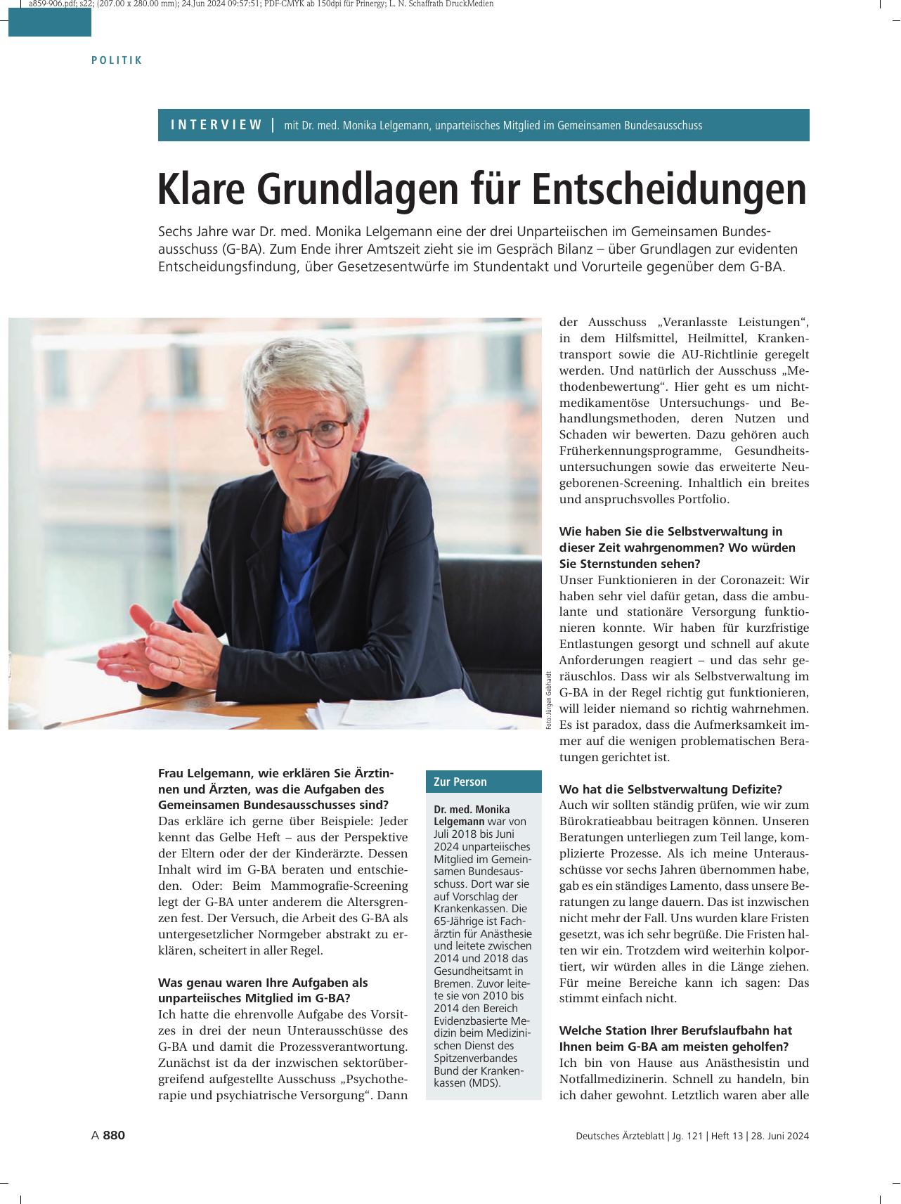 Vorschauseite 1: Interview mit Dr. med. Monika Lelgemann, unparteiisches Mitglied im Gemeinsamen Bundesausschuss: Klare Grundlagen für Entscheidungen