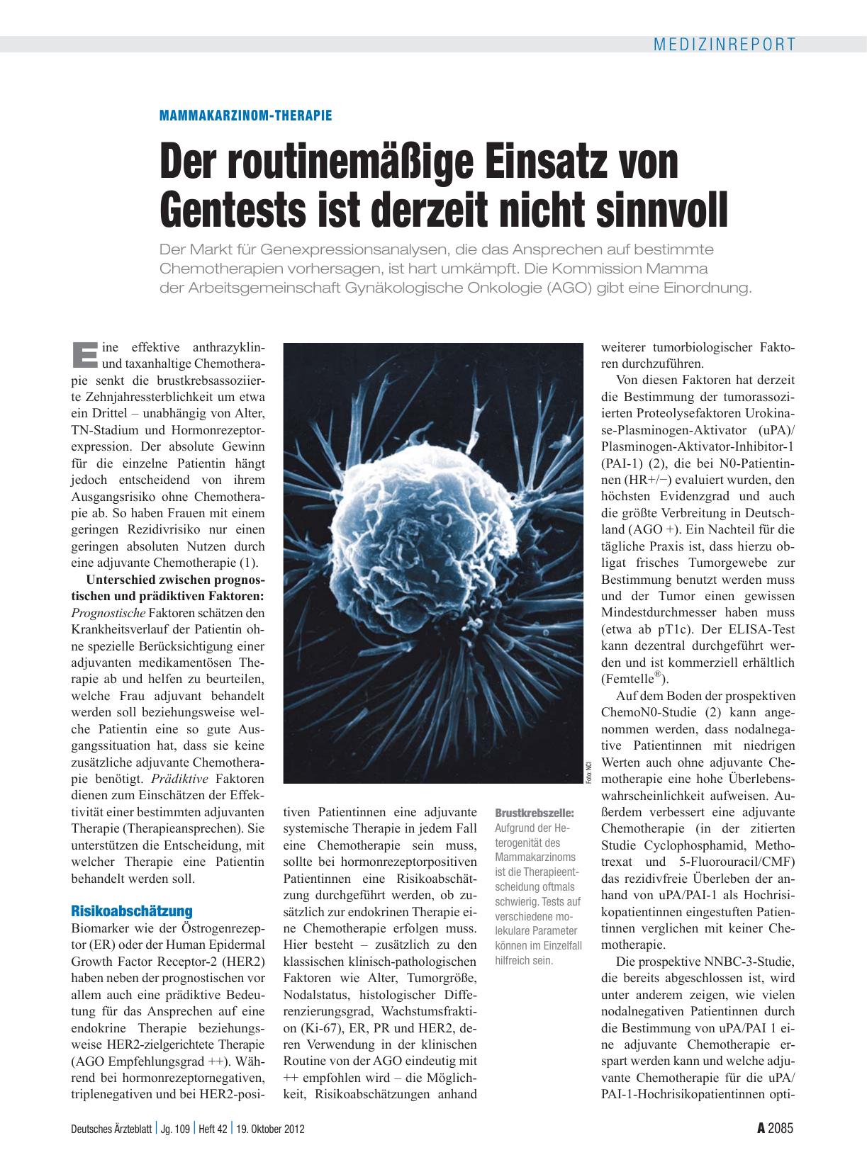 Vorschauseite 1: Mammakarzinom-Therapie: Der routinemäßige Einsatz von Gentests ist derzeit nicht sinnvoll