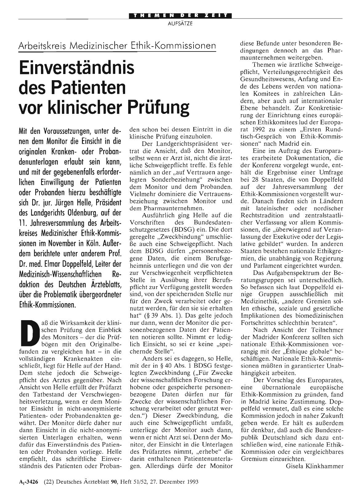 Vorschauseite 1: Arbeitskreis Medizinischer Ethik-Kommissionen: Einverständnis des Patienten vor klinischer Prüfung