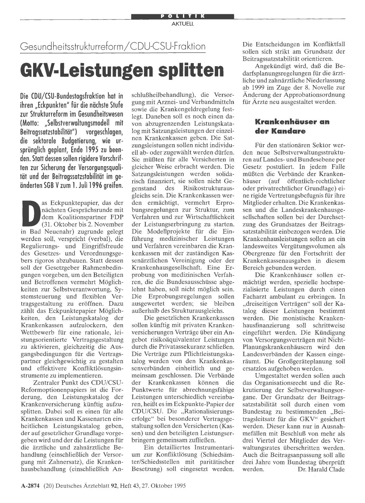 Vorschauseite 1: Gesundheitsstrukturreform/CDU-CSU-Fraktion: GKV-Leistungen splitten
