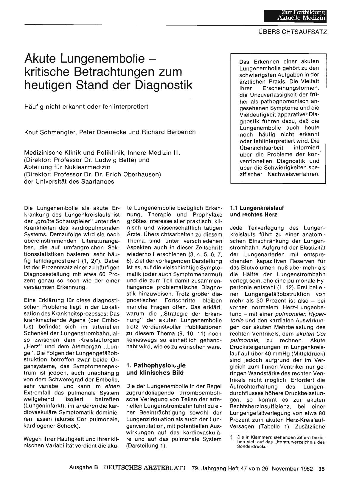 Vorschauseite 1: Akute Lungenembolie — kritische Betrachtungen zum heutigen Stand der Diagnostik: Häufig nicht erkannt oder fehlinterpretiert