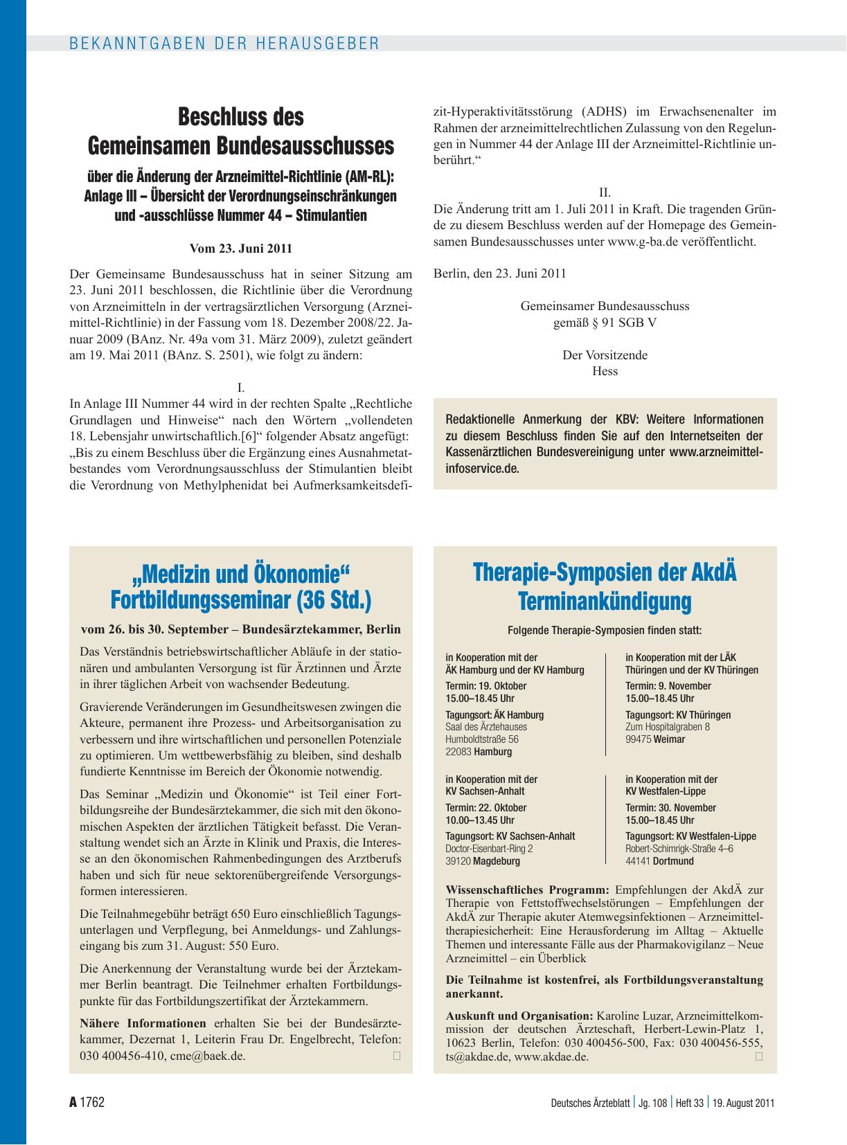 Vorschauseite 1: Beschluss des Gemeinsamen Bundesausschusses über die Änderung der Arzneimittel-Richtlinie (AM-RL): Anlage III – Übersicht der Verordnungseinschränkungen und -ausschlüsse Nummer 44…