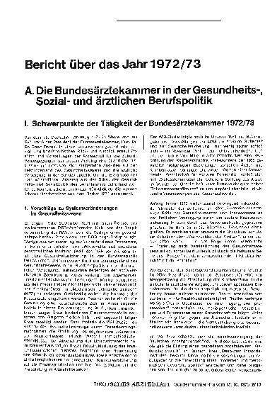 Vorschauseite 1: Bericht über das Jahr 1972/73: A. Die Bundesärztekammer in der Gesundheits-, Sozialund ärztlichen Berufspolitik: 1. Schwerpunkte der Tätigkeit der Bundesärztekammer 1972/73