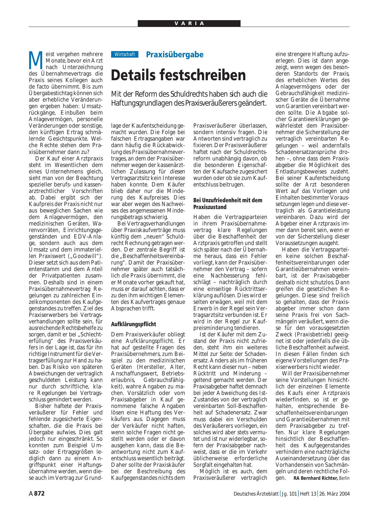 Vorschauseite 1: Praxisübergabe: Details festschreiben