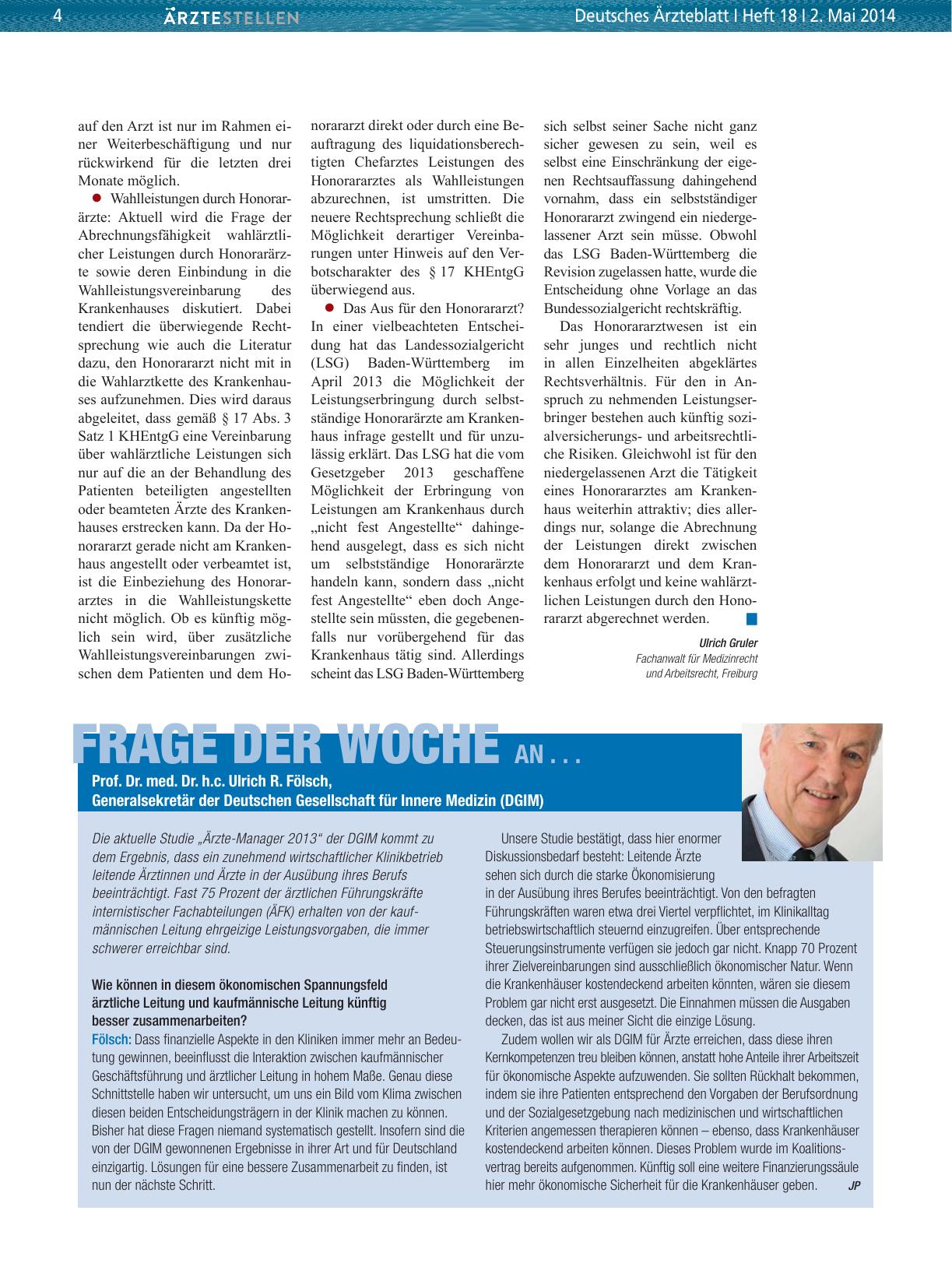 Vorschauseite 1: Frage der Woche an. .. Prof. Dr. med. Dr. h. c. Ulrich R. Fölsch