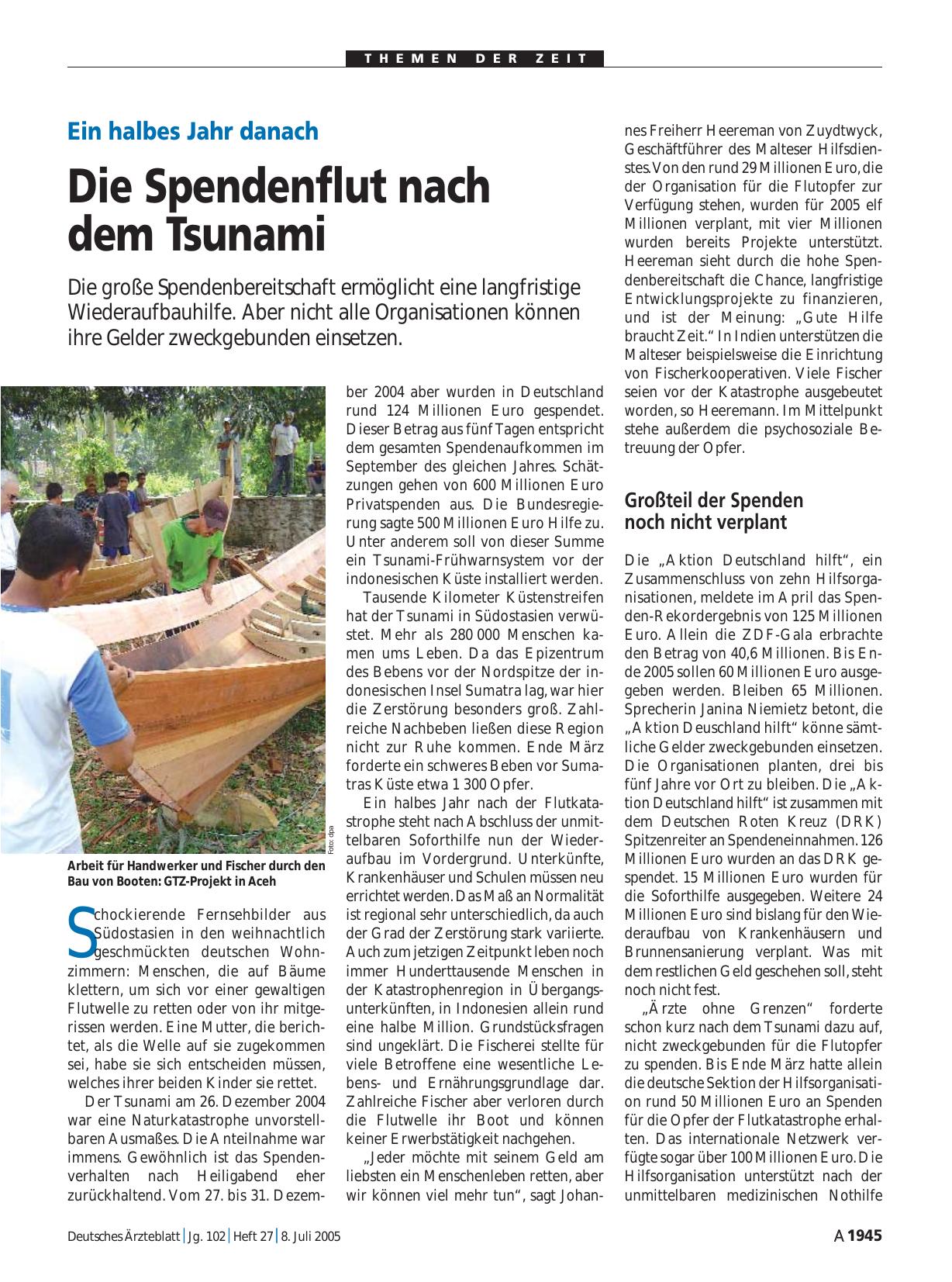 Vorschauseite 1: Ein halbes Jahr danach: Die Spendenflut nach dem Tsunami