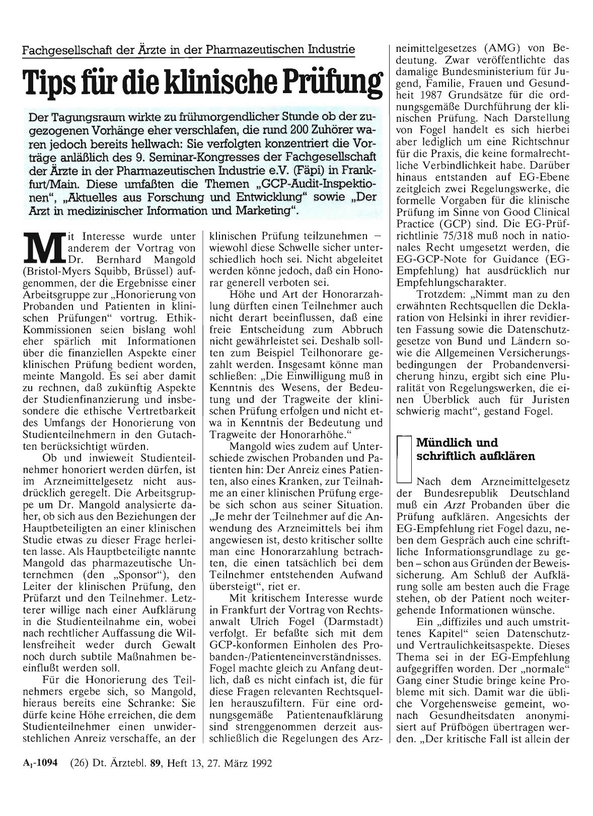 Vorschauseite 1: Fachgesellschaft der Ärzte in der Pharmazeutischen Industrie: Tips für die klinische Prüfung