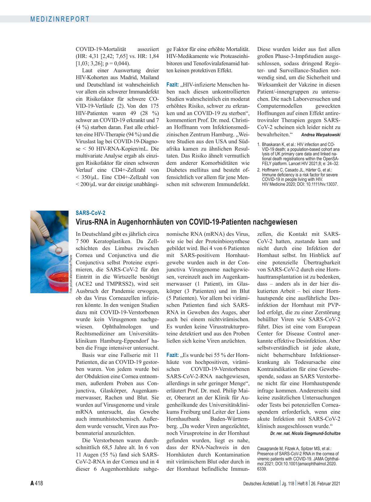 Vorschauseite 1: SARS-CoV-2: Virus-RNA in Augenhornhäuten von COVID-19-Patienten nachgewiesen