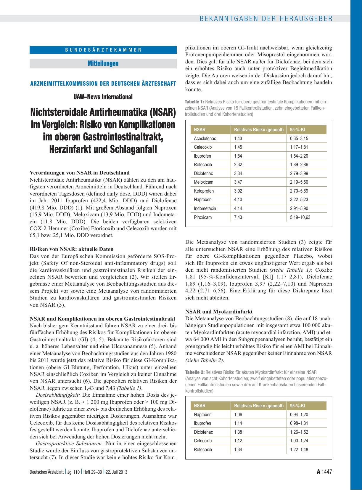 Vorschauseite 1: Arzneimittelkommission der Deutschen Ärzteschaft: UAW – News International Nichtsteroidale Antirheumatika (NSAR) im Vergleich: Risiko von Komplikationen im oberen Gastrointestinal…