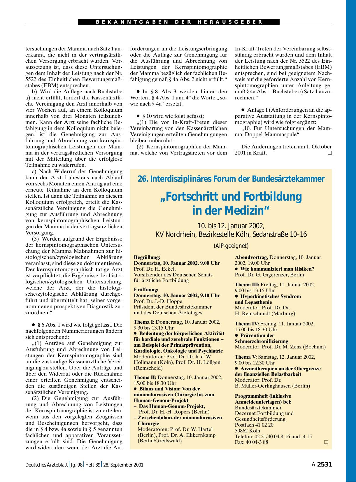 Vorschauseite 1: 26. Interdisziplinäres Forum der Bundesärztekammer: „Fortschritt und Fortbildung in der Medizin“