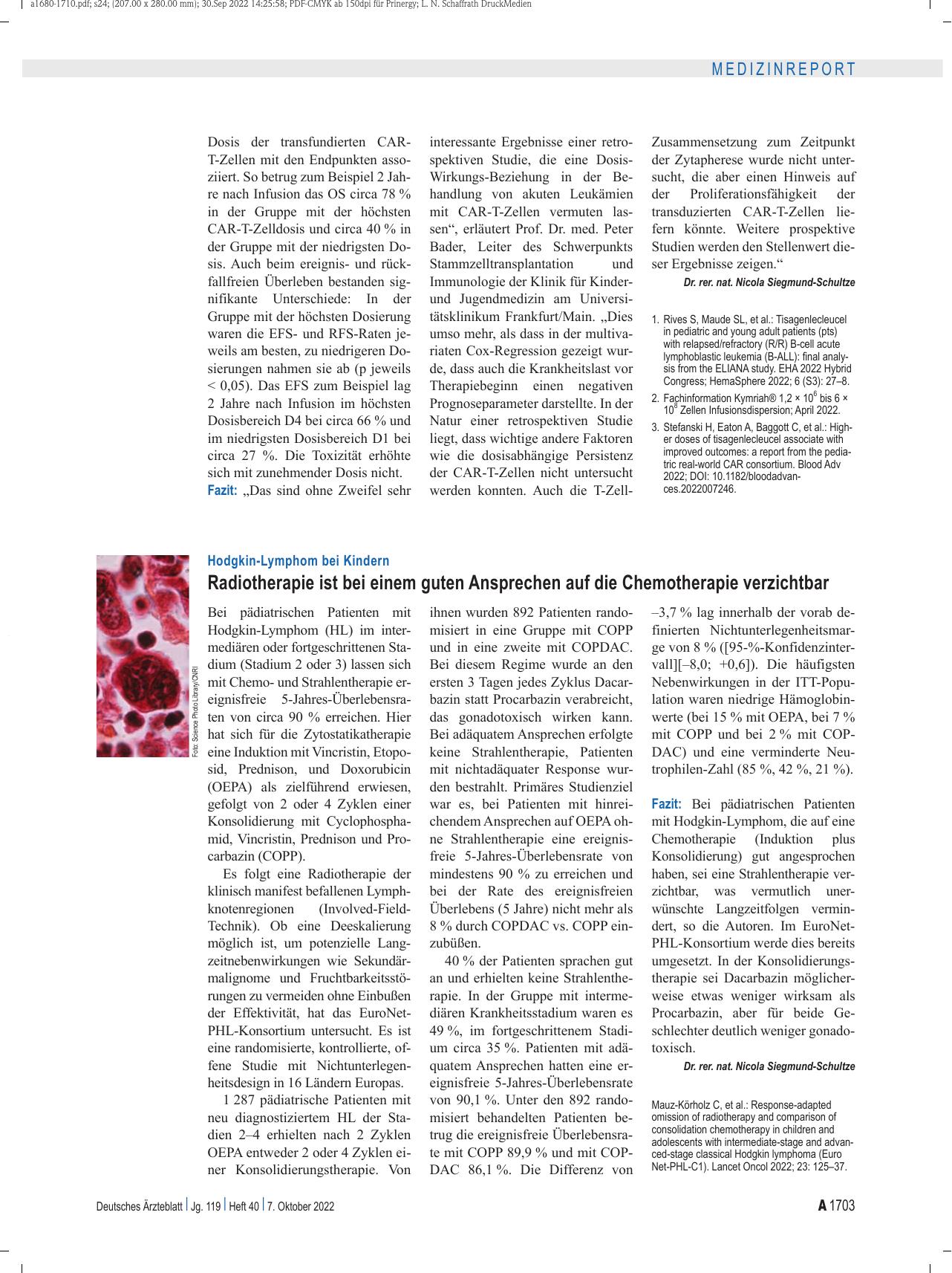 Vorschauseite 1: Hodgkin-Lymphom bei Kindern: Radiotherapie ist bei einem guten Ansprechen auf die Chemotherapie verzichtbar