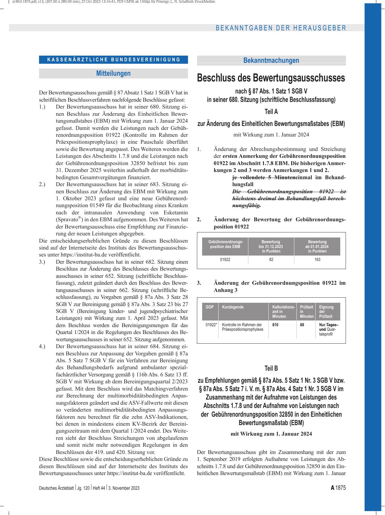 Vorschauseite 1: Beschluss des Bewertungsausschusses nach § 87 Abs. 1 Satz 1 SGB V in seiner 680. Sitzung (schriftliche Beschlussfassung)