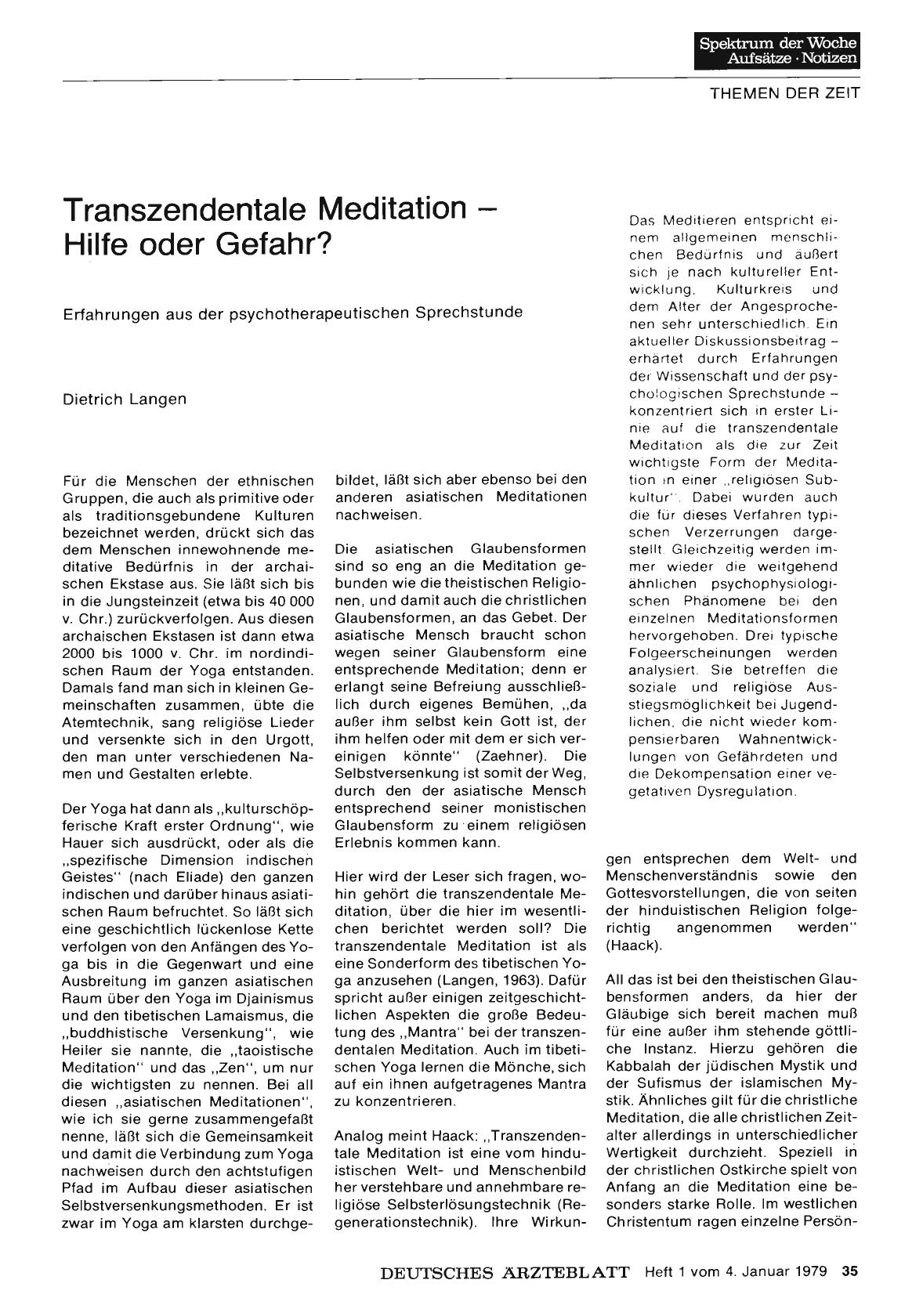 Vorschauseite 1: Transzendentale Meditation — Hilfe oder Gefahr? Erfahrungen aus der psychotherapeutischen Sprechstunde