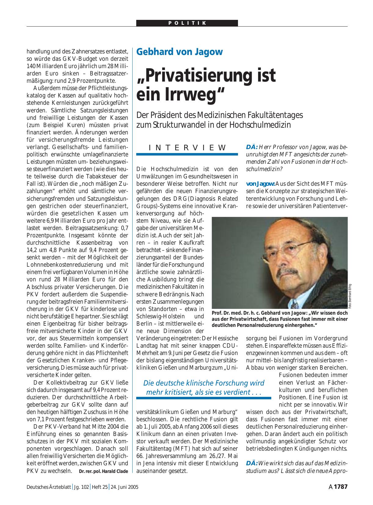 Vorschauseite 1: Gebhard von Jagow: „Privatisierung ist ein Irrweg“