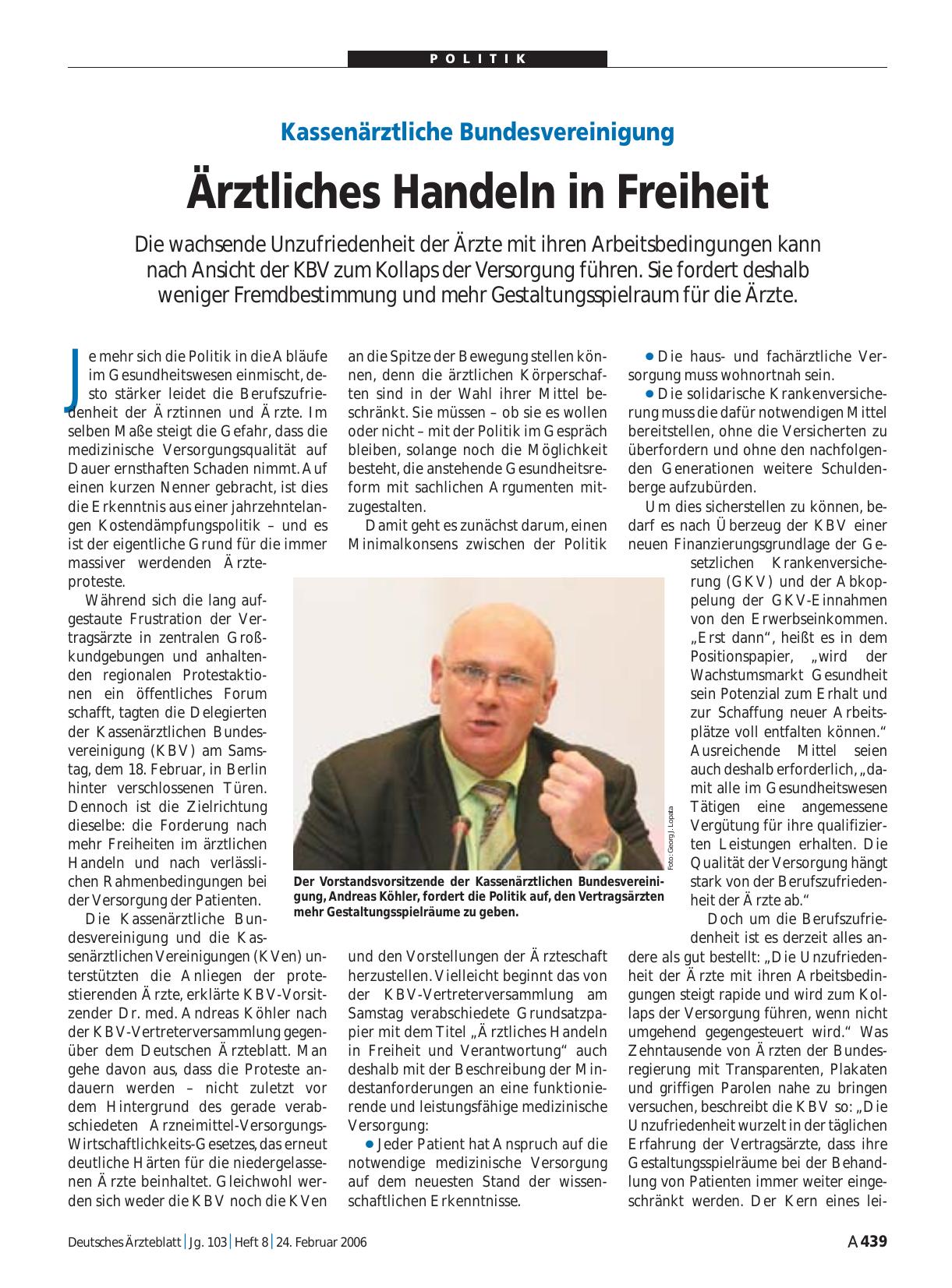 Vorschauseite 1: Kassenärztliche Bundesvereinigung: Ärztliches Handeln in Freiheit
