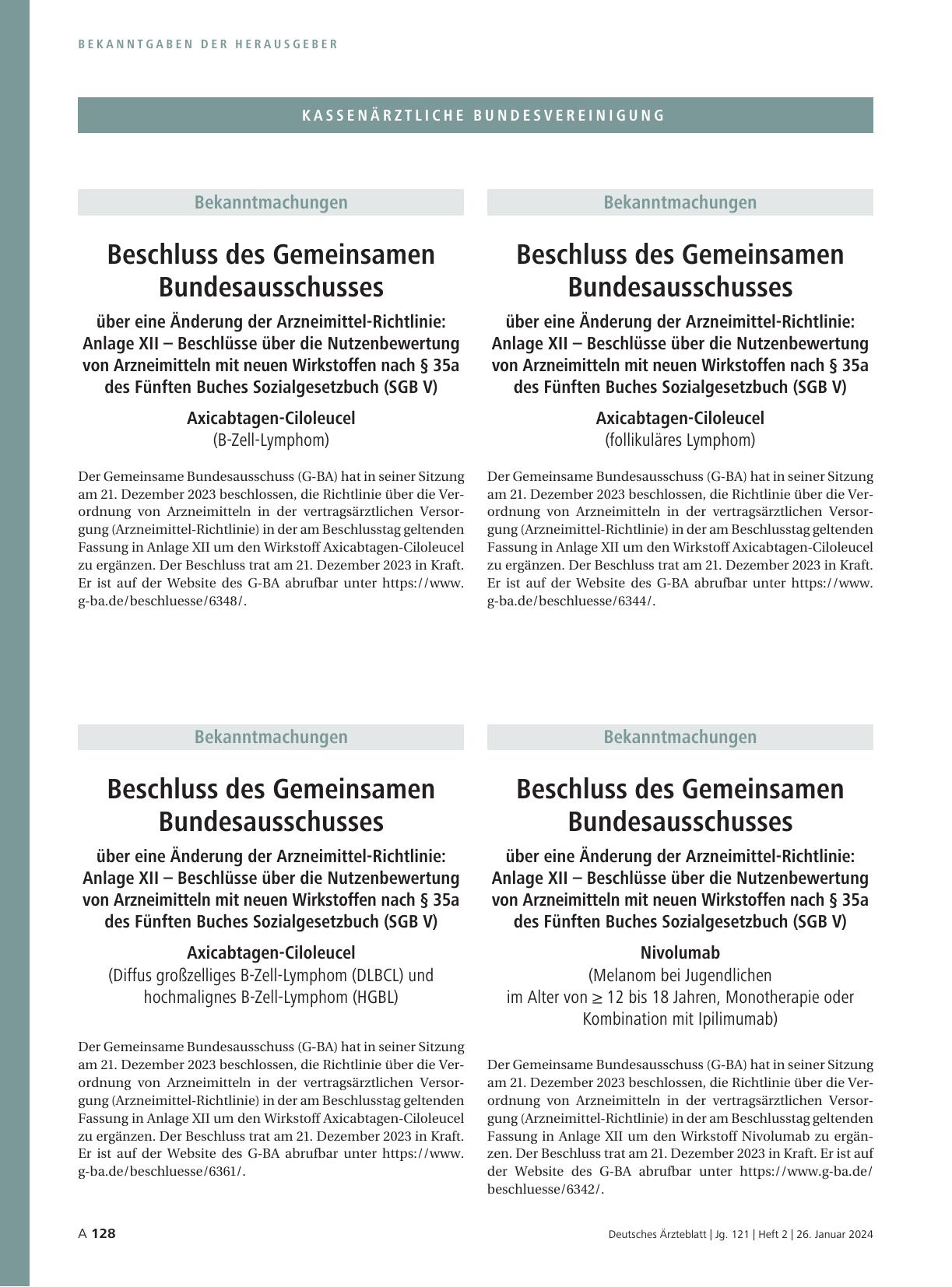 Vorschauseite 1: Beschluss des Gemeinsamen Bundesausschusses über eine Änderung der Arzneimittel-Richtlinie: Anlage XII – Axicabtagene Ciloleucel (Diffus großzelliges B-Zell-Lymphom (DLBCL) und ho…