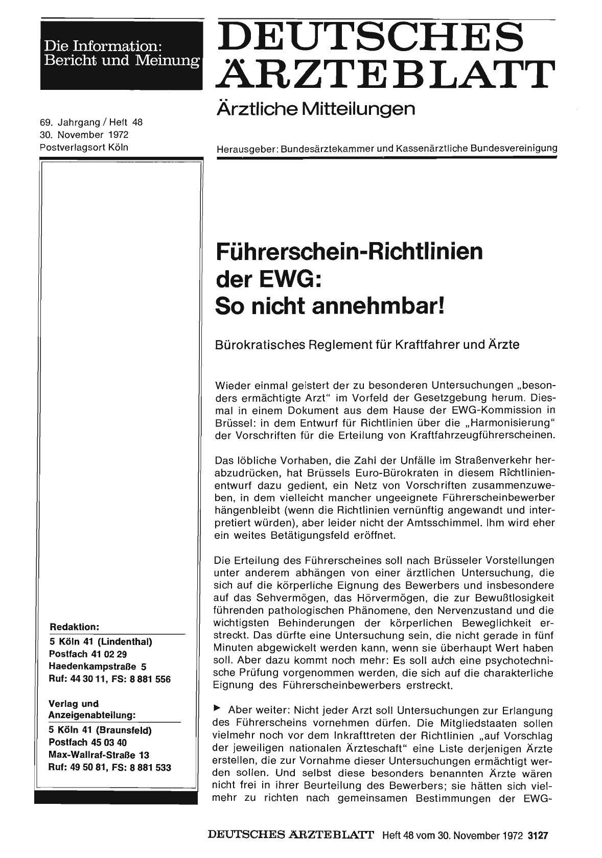 Vorschauseite 1: Führerschein-Richtlinien der EWG: So nicht annehmbar! Bürokratisches Reglement für Kraftfahrer und Ärzte