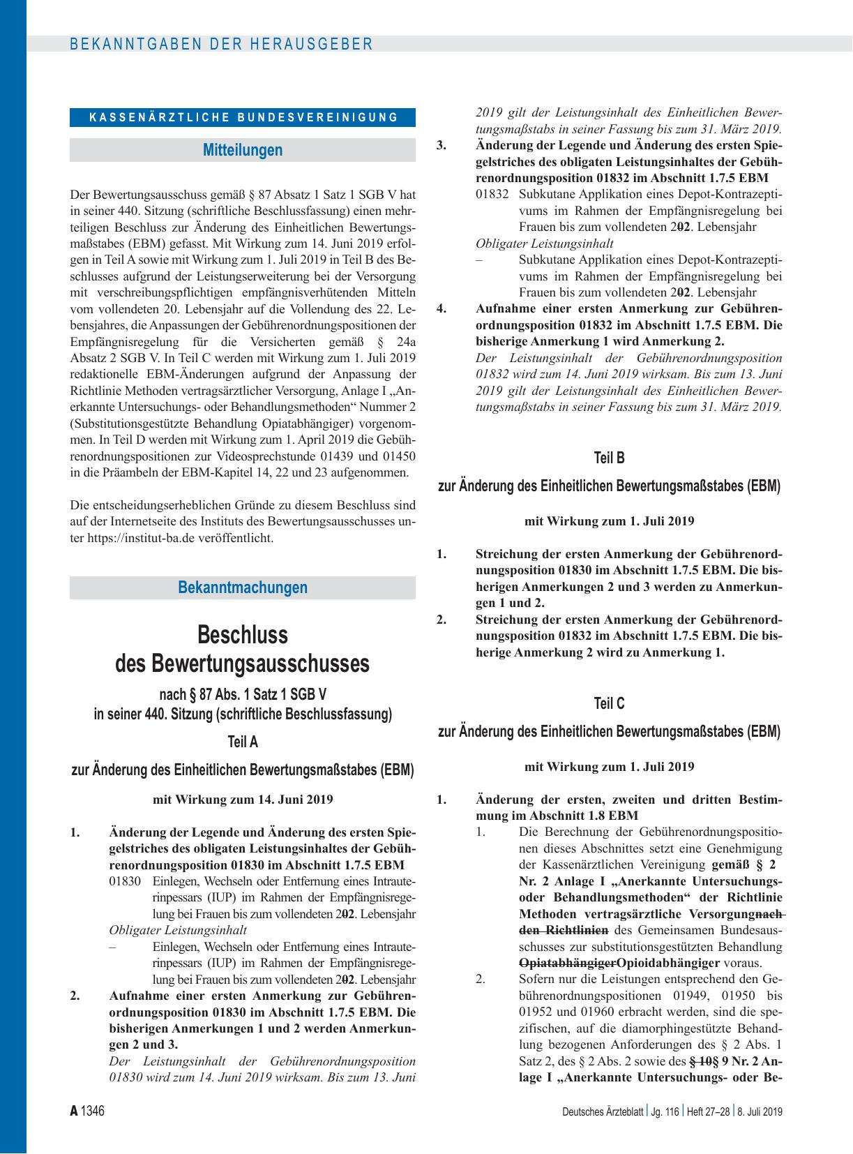 Vorschauseite 1: Beschluss des Bewertungsausschusses nach § 87 Abs. 1 Satz 1 SGB V in seiner 440. Sitzung: Teil A, Teil B, Teil C, Teil D